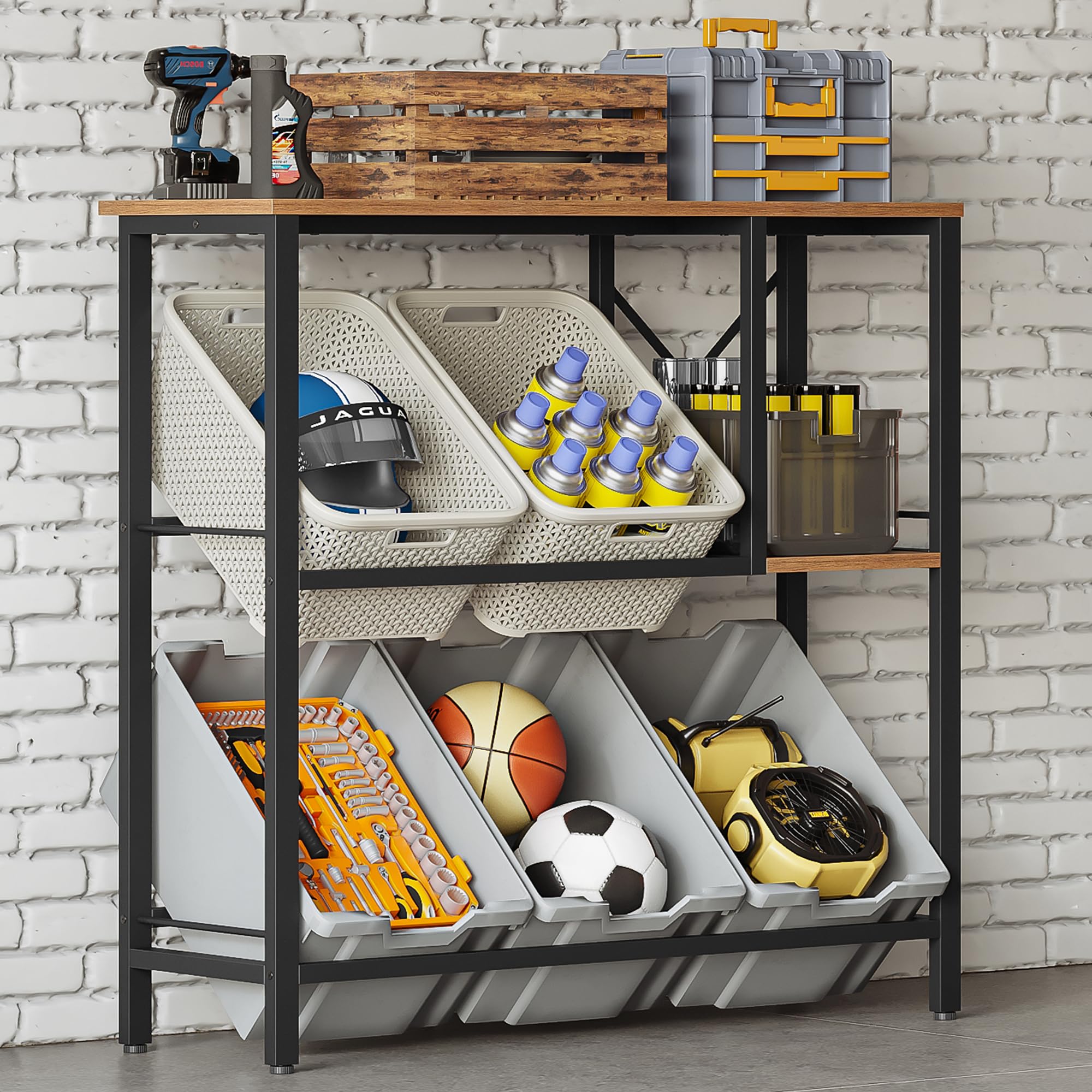 Hzuaneri Getränkekistenregal mit Ablage, Freistehend Kistenständer für 6 Kisten, Regal, Getränkekisten, Getränkeregal, Wasserkistenregal, Bierkistenregal, 40 x 110 x 111,5 cm Braun-Schwarz DS32001B