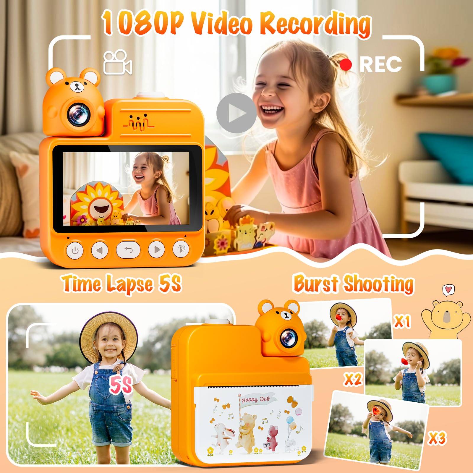 Gofunly Macchina Fotografica Bambini Istantanea, 3,0 Pollici Fotocamera Istantanea Bambini con 32GB Scheda & 3 Carta Stampa, 14MP/1080P HD Videocamera Fotocamera Digitali per Bambino da 3-12 Anni