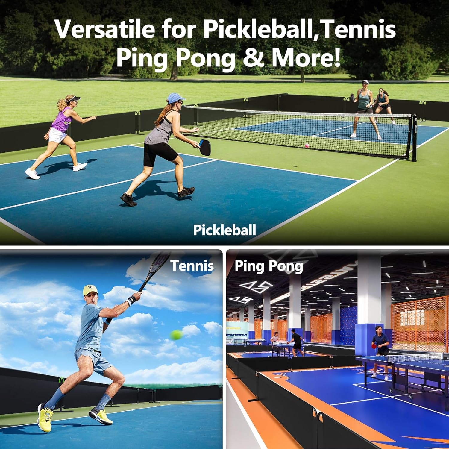 Pickleball Court Dividers, 3 Extra-Large Ball Barrier Panels-10×2.5 ft Each, Portable Pickleball Baffle Barrier to Block Stray Balls, Pickleball Field Fence