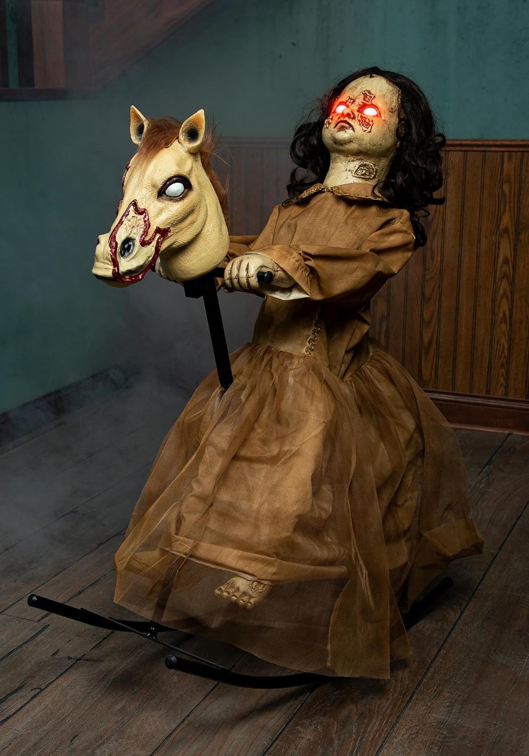 Fun Costumes 3.5 Ft Haunted Doll-Horse Animatronic, Creepy Dolls Halloween Decorations, Ancient Looking Rocking Horse, Red Glowing Eyes Halloween Decoration Standard