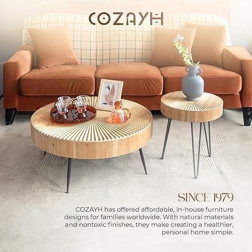 Miniatura 8 de COZAYH 2-Piece Round Nesting Coffee Table Set, Natural Wood Top with Black Metal Legs, Radial Pattern – Rustic Farmhouse Accent for Living Room or