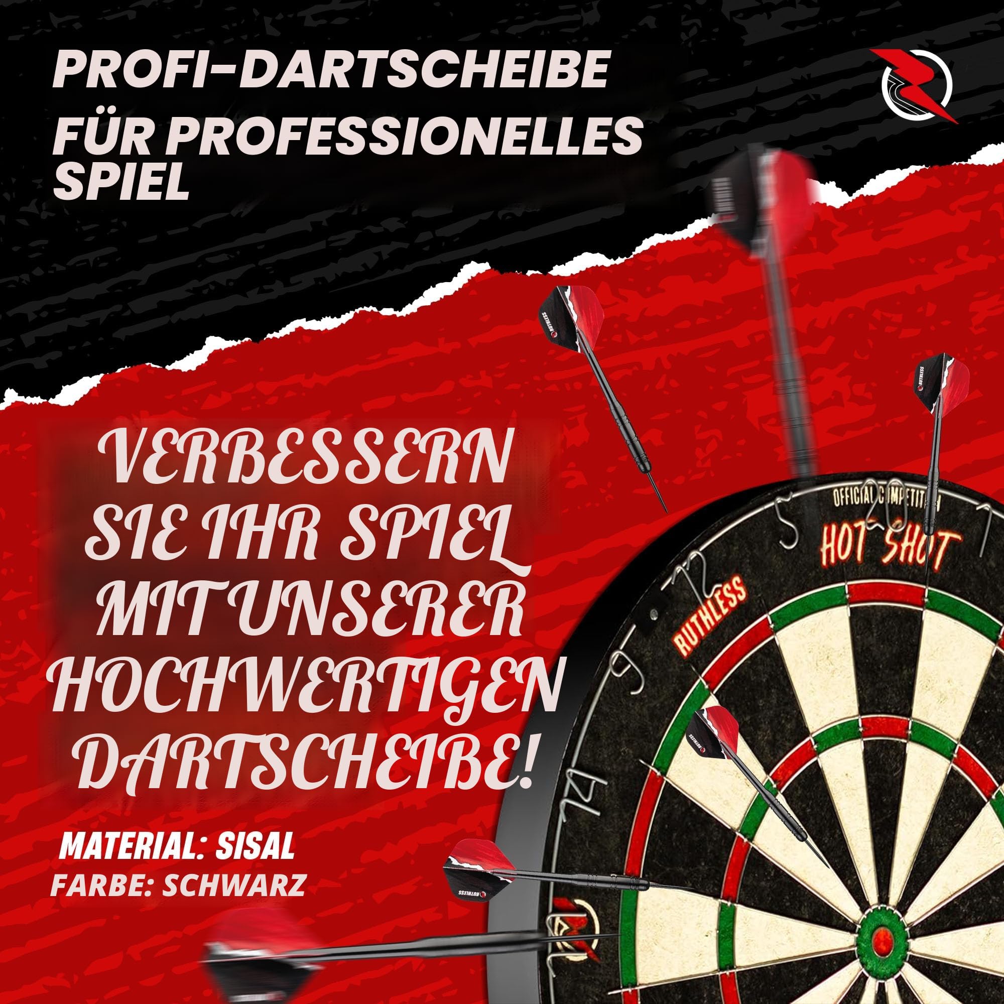 Ruthless Hot Shot Dartscheibe | Endurance Runddraht Sisal Dartscheibe Set inkl. 2 Sets Steeldarts