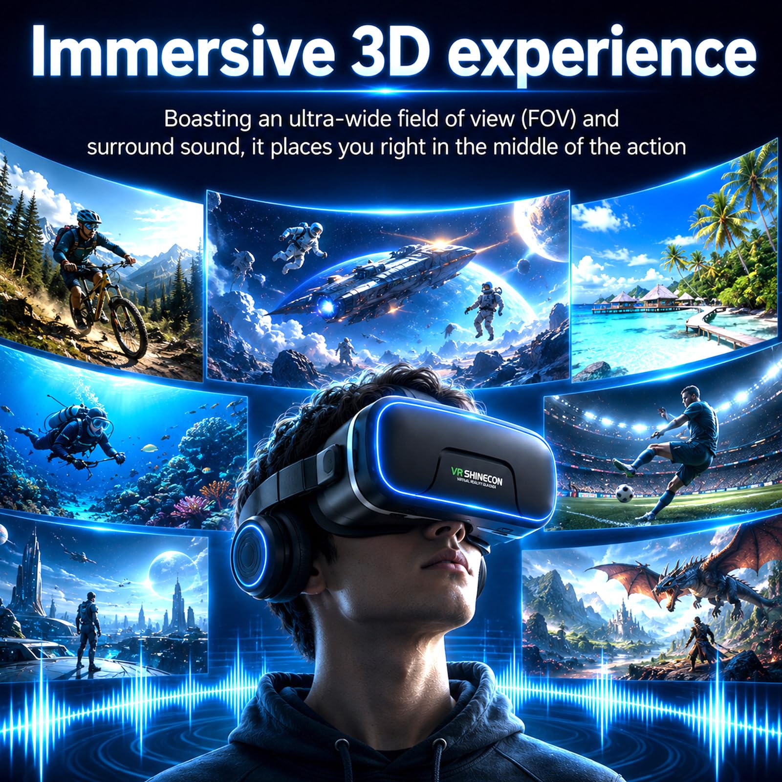 Casque VR 3D avec Écouteurs Verres HD Anti-Lumière Bleue Compatible Smartphones iPhone Android 4,7-7,2"