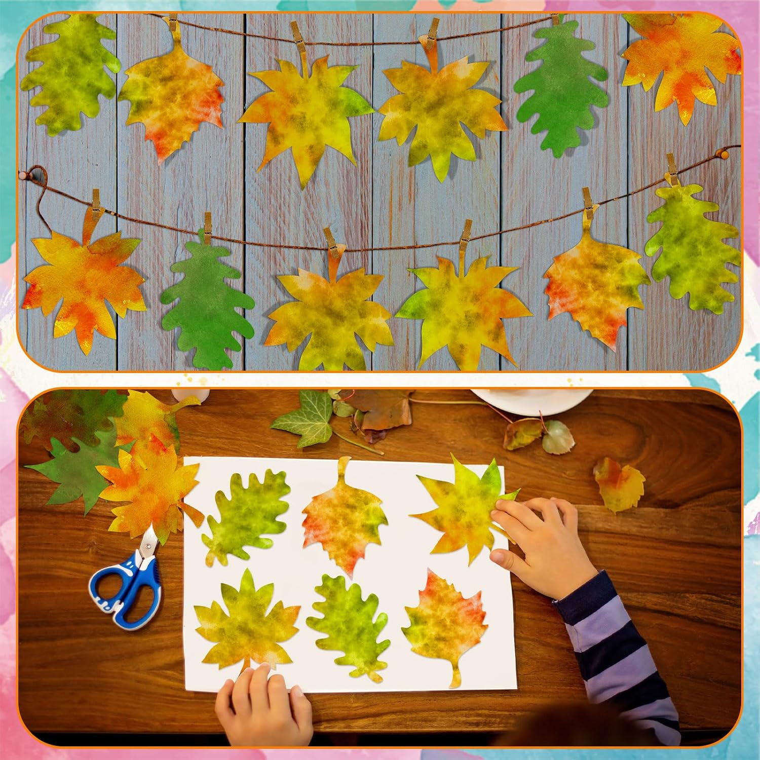 Watersay 100 Pcs Color Diffusing Paper Leaves Fall Color Diffusing Watercolor Crafts Maple Leaf for Fall Classroom Bulletin Board Decorations Autumn Arts and Crafts, 4 Styles