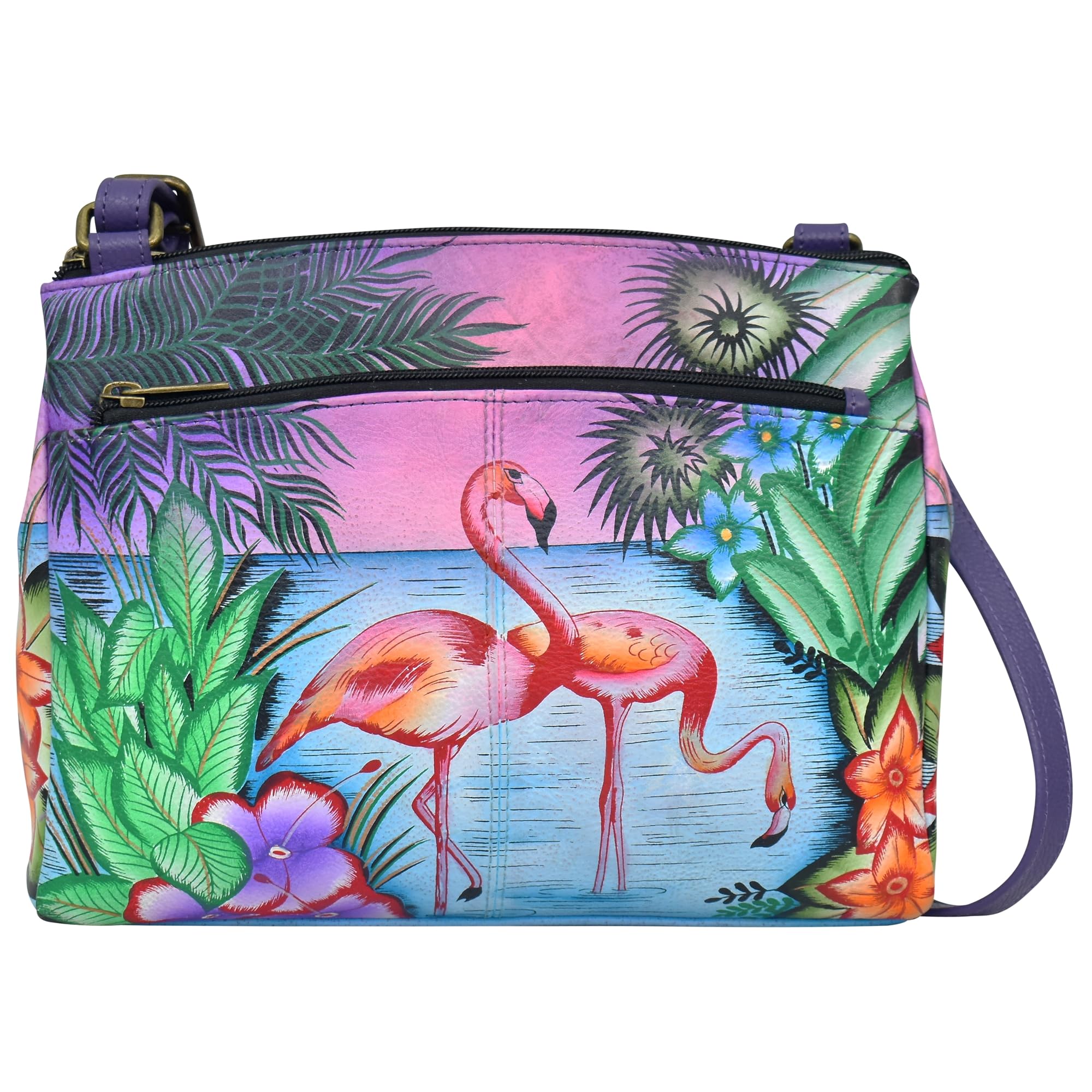 Anna by Anuschka Original Hand-Painted Cross Body Organizer-Leather Handbag for Women, Tropical Flamingos