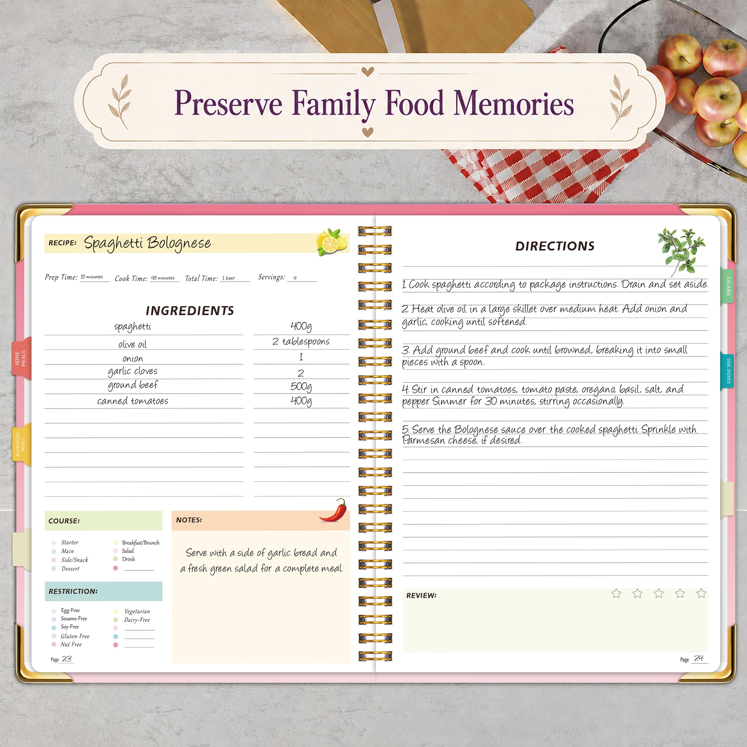 meDolove Libro de recetas para escribir en tus propias recetas, diario de recetas, libro de cocina en blanco, 7 x 10 pulgadas, cuaderno de recetas para organizar tus recetas para la cocina, color rosa