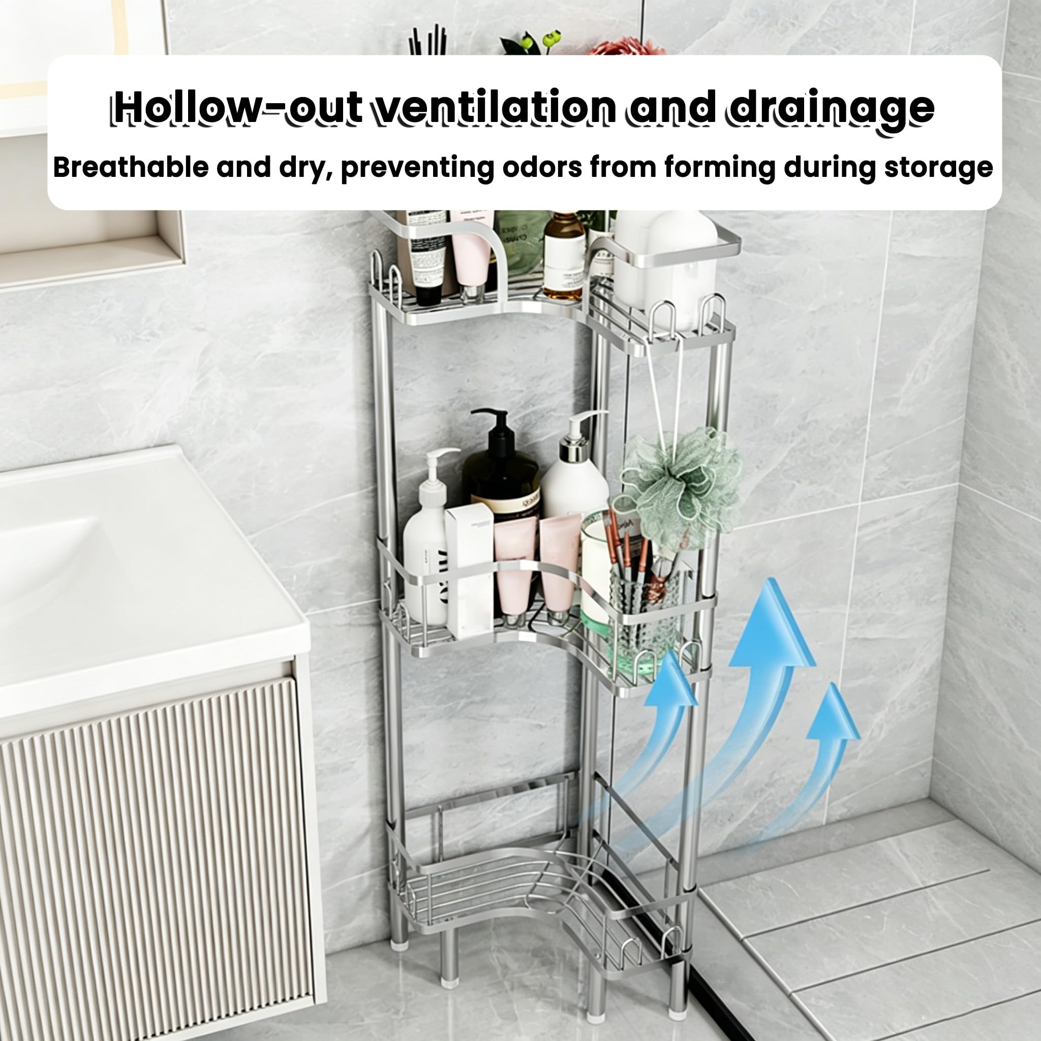 Mensola Doccia Angolare Senza Forare, Porta Sapone Per Doccia Da Terra | Porta Bagnoschiuma Da Doccia Con Ganci Piedini Regolabili, Grande Capacità Scaffale Bagno Per Bagno Cucina, Argento