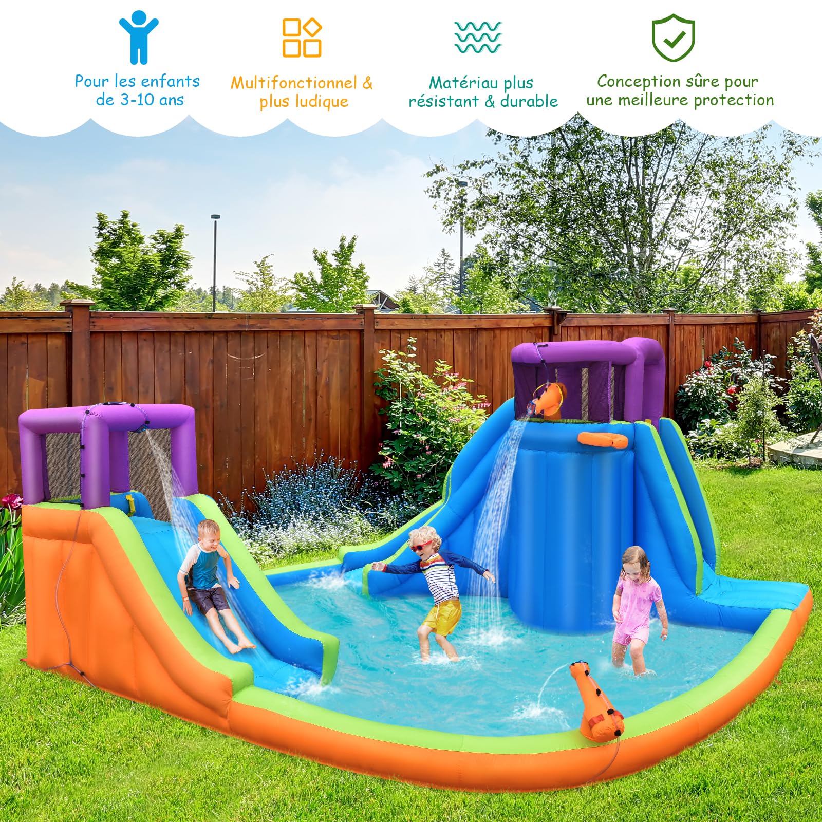 GOPLUS Château Gonflable Exterieur Enfant avec Double Toboggan, Pistolet à Eau, Mur d'escalade, Panier de Basket, Balle, avec Piscine d'Éclaboussures pour Enfants (Violet+ Gonfleur 950W)