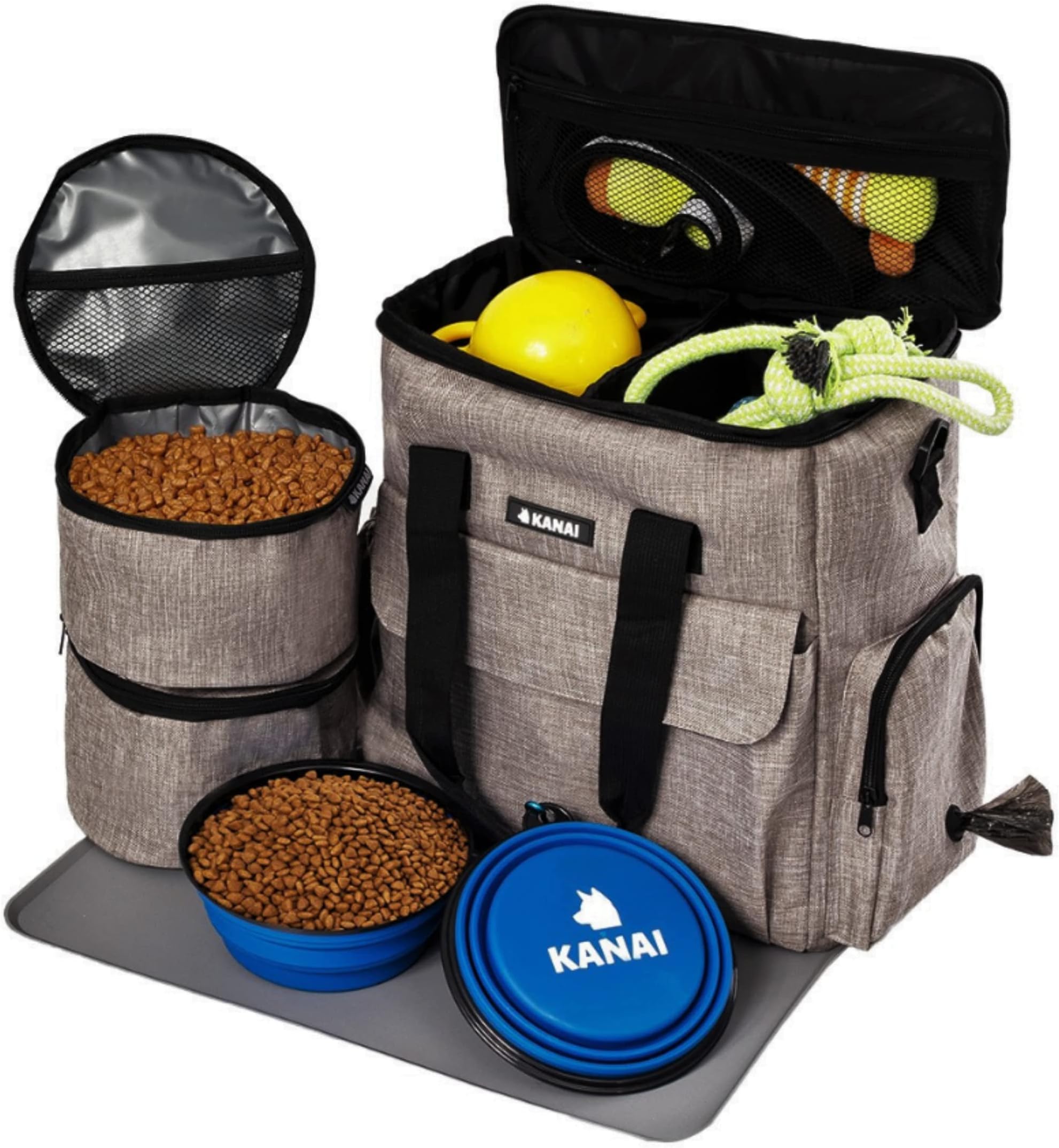 Dog Travel Bag | Dog Food Storage Containers, Silicone Mat, Large Collapsible Bowls | Airline Approved Dog Accessories Organizer | Dog Poop Bag Dispenser | Dog Stuff & Pet Supplies Travel Essentials