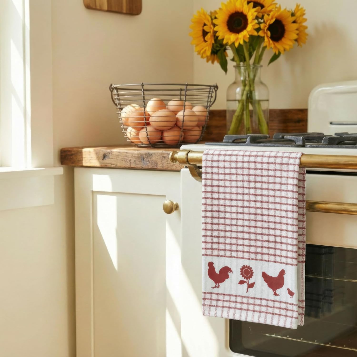 Cackleberry Home Backyard Chickens Windowpane Check Cotton Terrycloth Kitchen Towels, Set of 4 (Red)