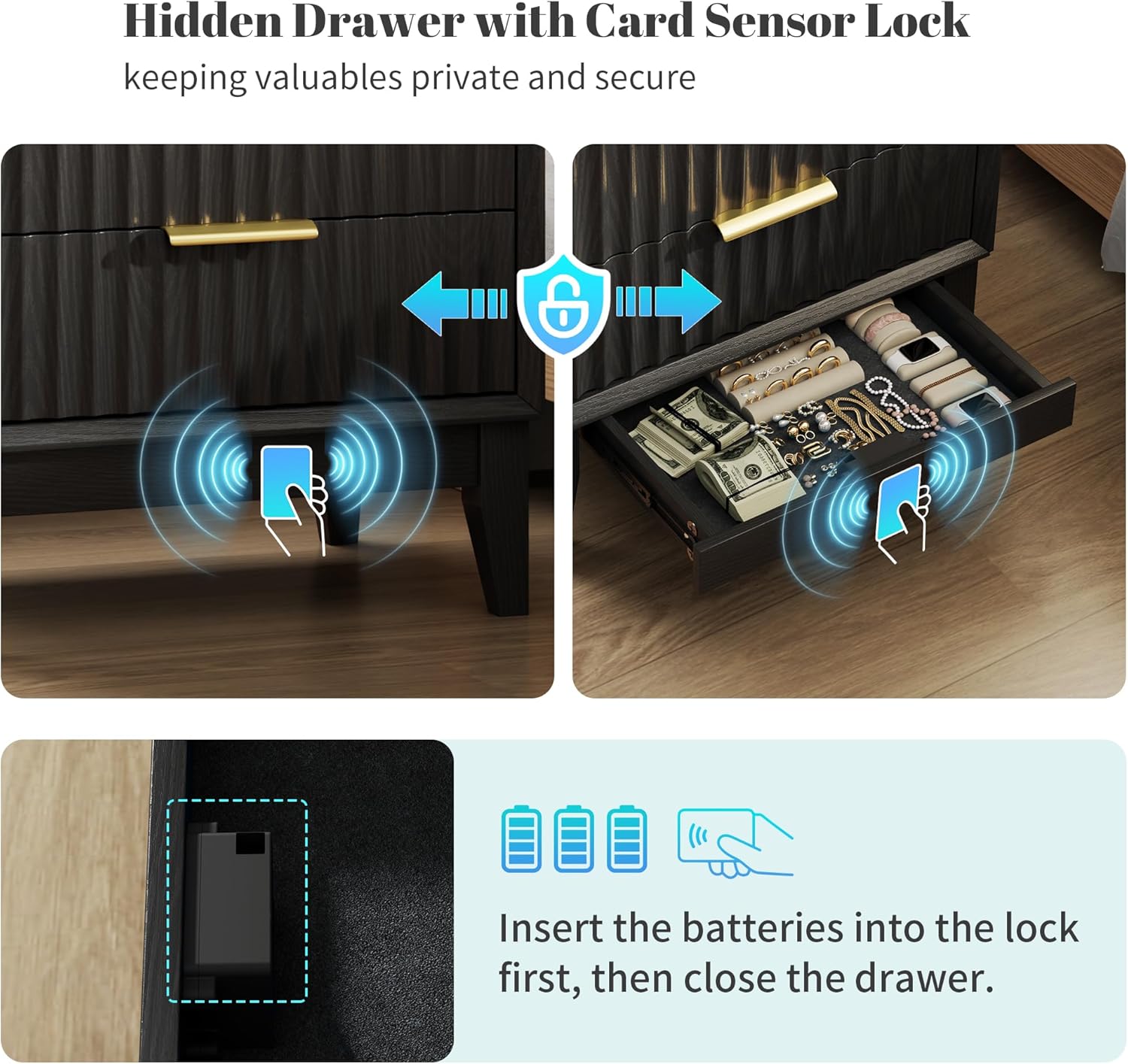 LVSOMT 20'W Fluted Nightstand, Night Stand with Charging Station and LED Lights, RFID Lock Hidden Drawer, Mid Century Morden Bedside Table for Bedroom, 2 Drawers and Open Storage Cubby, Black