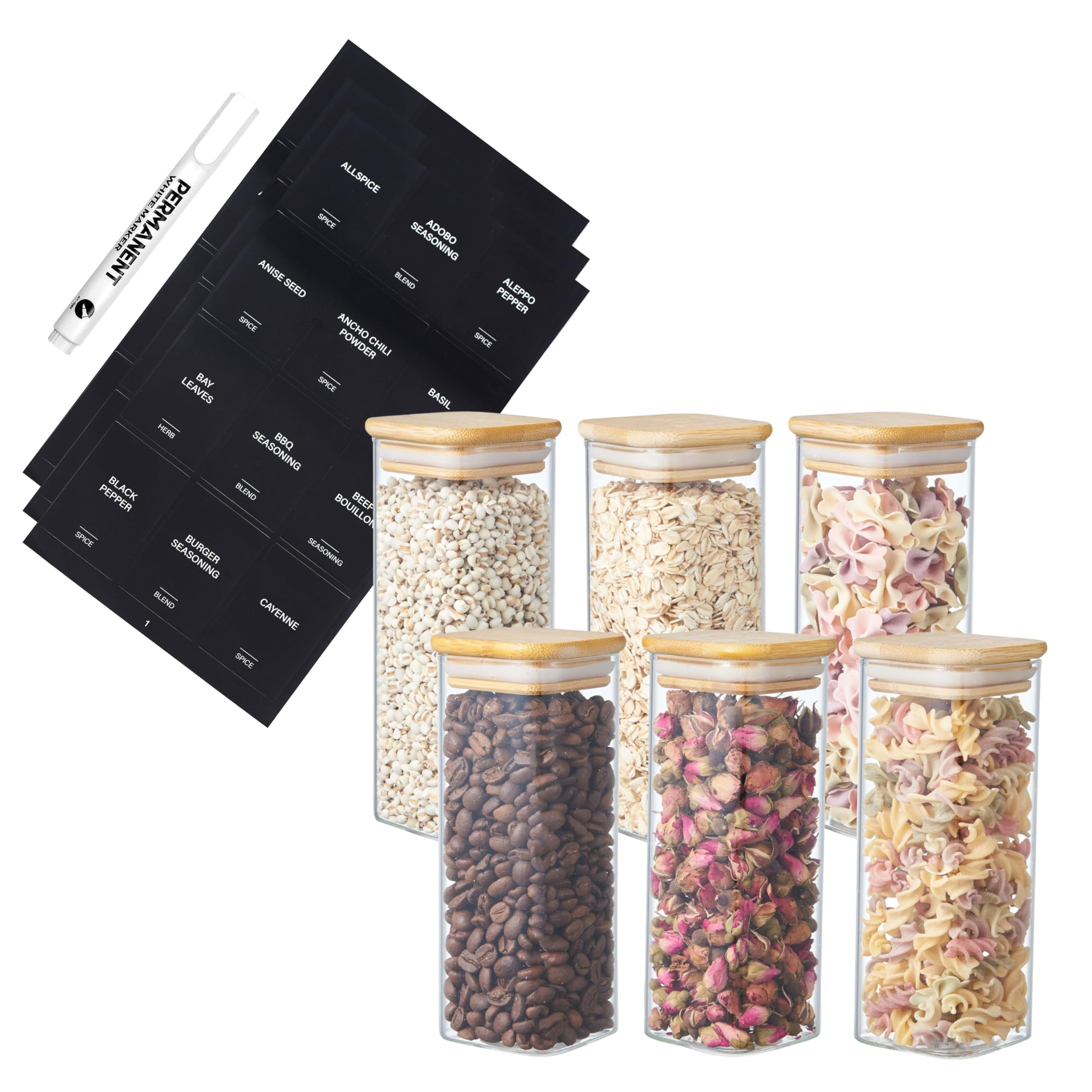 Small Square Glass Storage Jars with Airtight Bamboo Lids | Kitchen Organization Containers | Spice Jars with Preprinted Labels & White Marker – Pantry Storage for Herbs & Spices (6, Clear, 350ml)