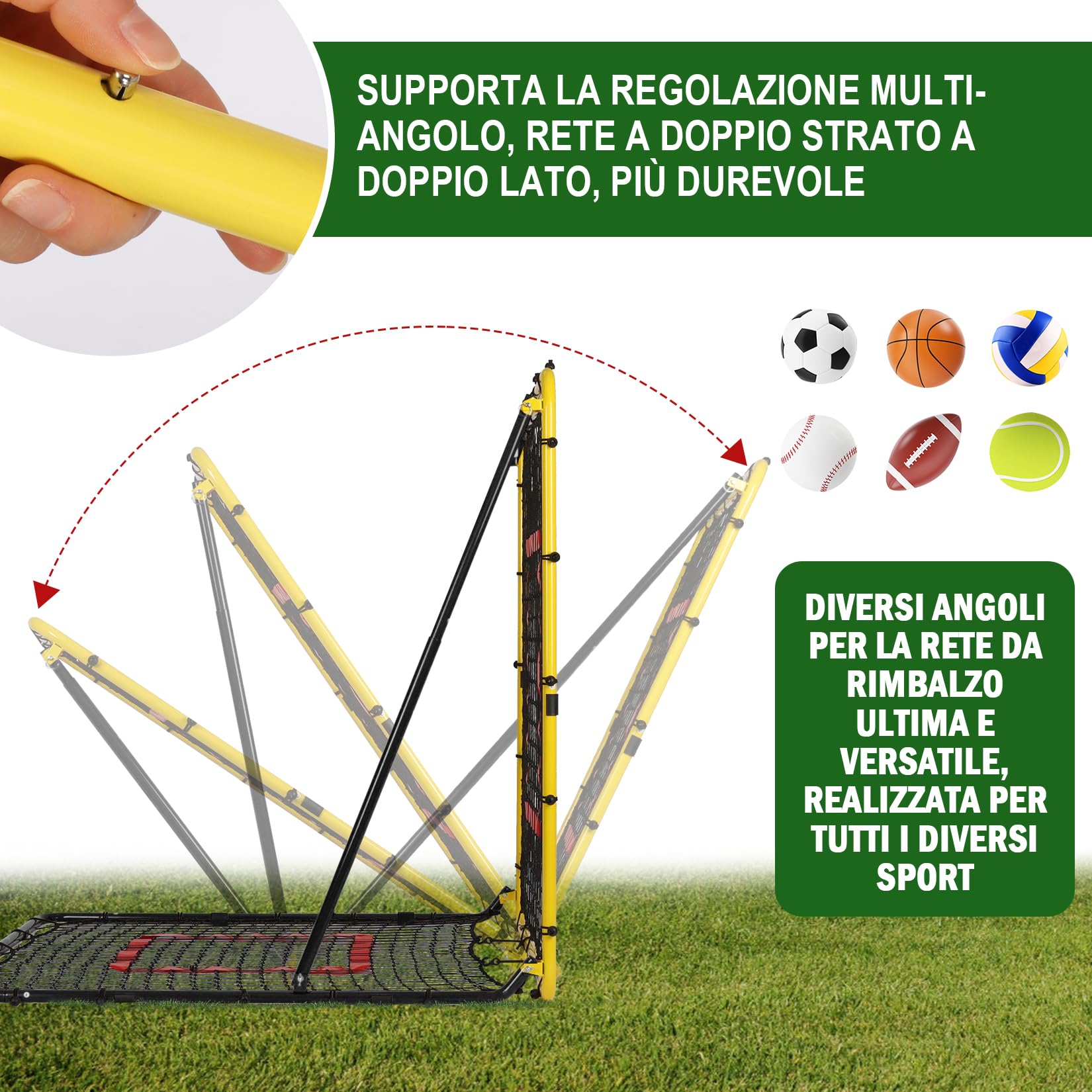 Rete Rimbalzo Calcio Pieghevole, 120 x 120cm Reti da Rimbalzo per Pallavolo, Rete PE a Doppio Strato, Angolo Regolabile, Formazione Sulle Competenze per Calcio, Pallavolo e Pallacanestro