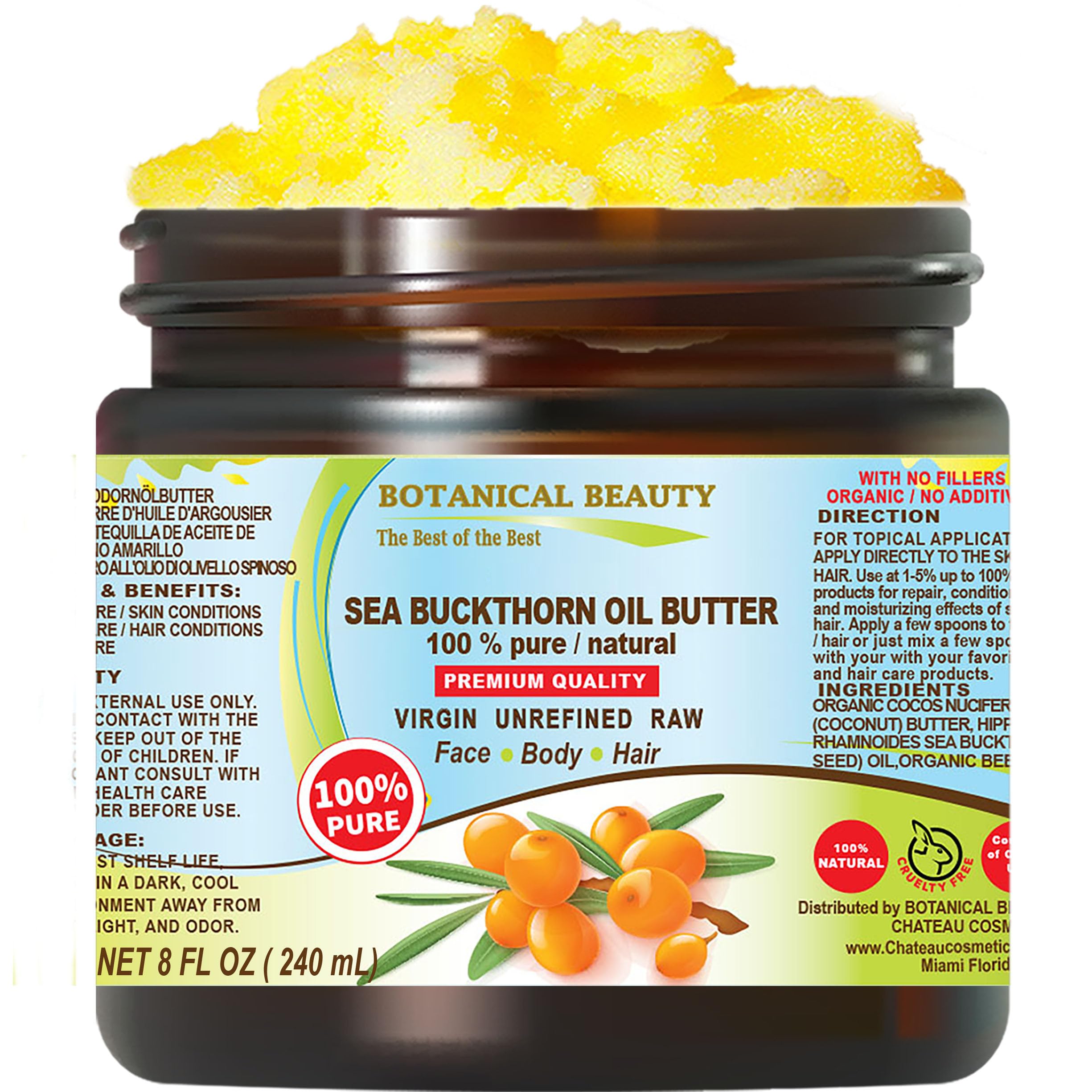 Botanical Beauty SEA BUCKTHORN OIL BUTTER Pure Natural Virgin Unrefined RAW for FACE SKIN BODY HAIR NAILS, vitamin C (8 Fl Oz)
