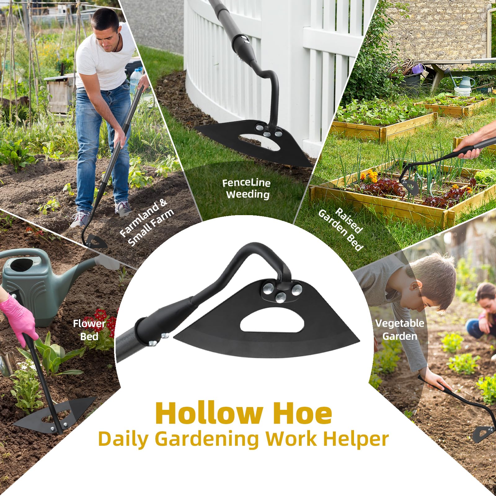 Azada hueca de jardín, azadas triangulares resistentes para jardinería, mango largo ajustable de 55 pulgadas, herramienta de deshierbe manual de hoja afilada para huertos, macizos de