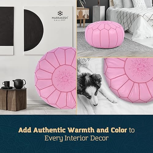 Miniatura 33 de Marrakesh Gallery - Funda de puf marroquí, otomana redonda y grande de piel, decoración bohemia para sala de estar, reposapies, sin relleno Marrón