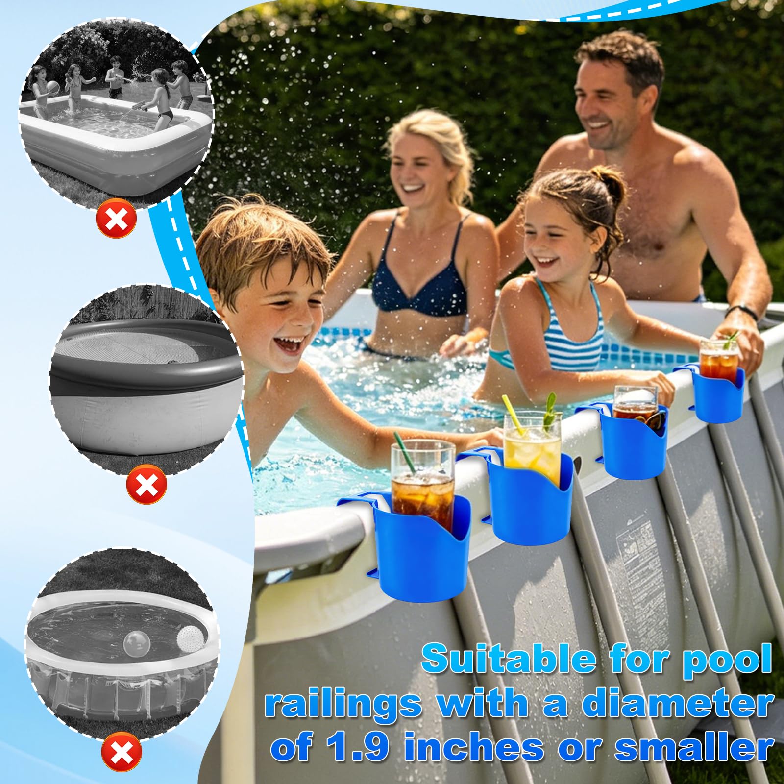 Lot de 4 porte-gobelets de piscine Poolside - En plastique - Refroidisseur de caisse à bière - Pour piscine - Support suspendu - Accessoires de piscine pour piscine hors sol