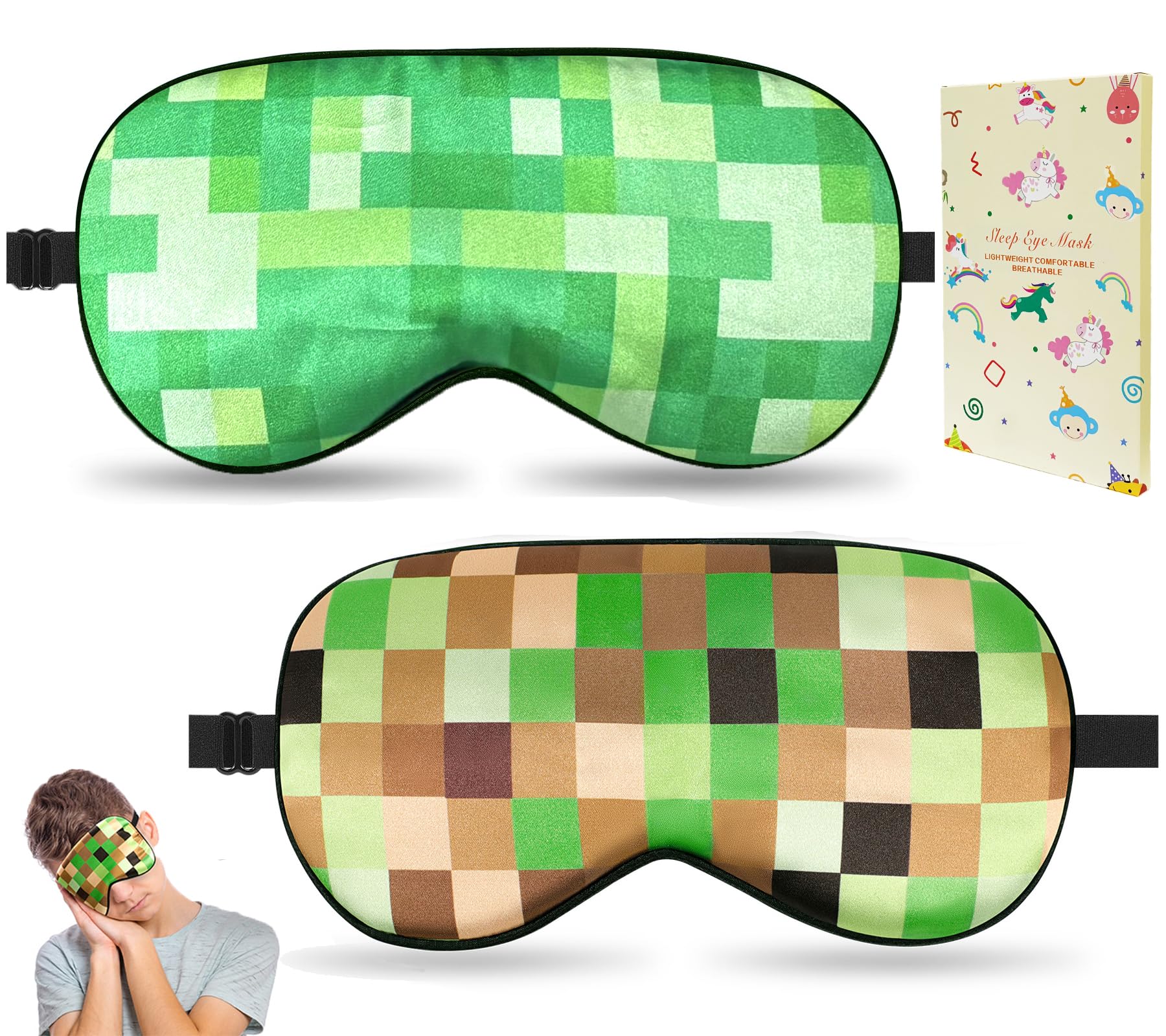 Photo 1 of 2 Pcs Sleep Mask for Kids Boys, Silk Eye Covers for Sleeping, Adjustable Strap & Light Blocking Design, Teen Children's Bedtime Blindfold for Travel and Home Use with Gift Box (My World)