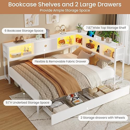 Miniatura 6 de DICTAC Marco de Cama de Esquina Completo con Cajones de Almacenamiento, Cabecera de Estantería y Estación de Carga, Marco de Cama Esquinero