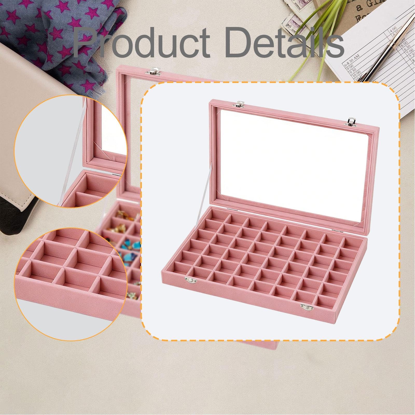 Qianly Jewelry Tray Organizer con 48 Scomparti Regolabili Porta Anelli Orecchini Collane Bracciali Custodia Robusta con Coperchio Trasparente in Tessuto, Rosa