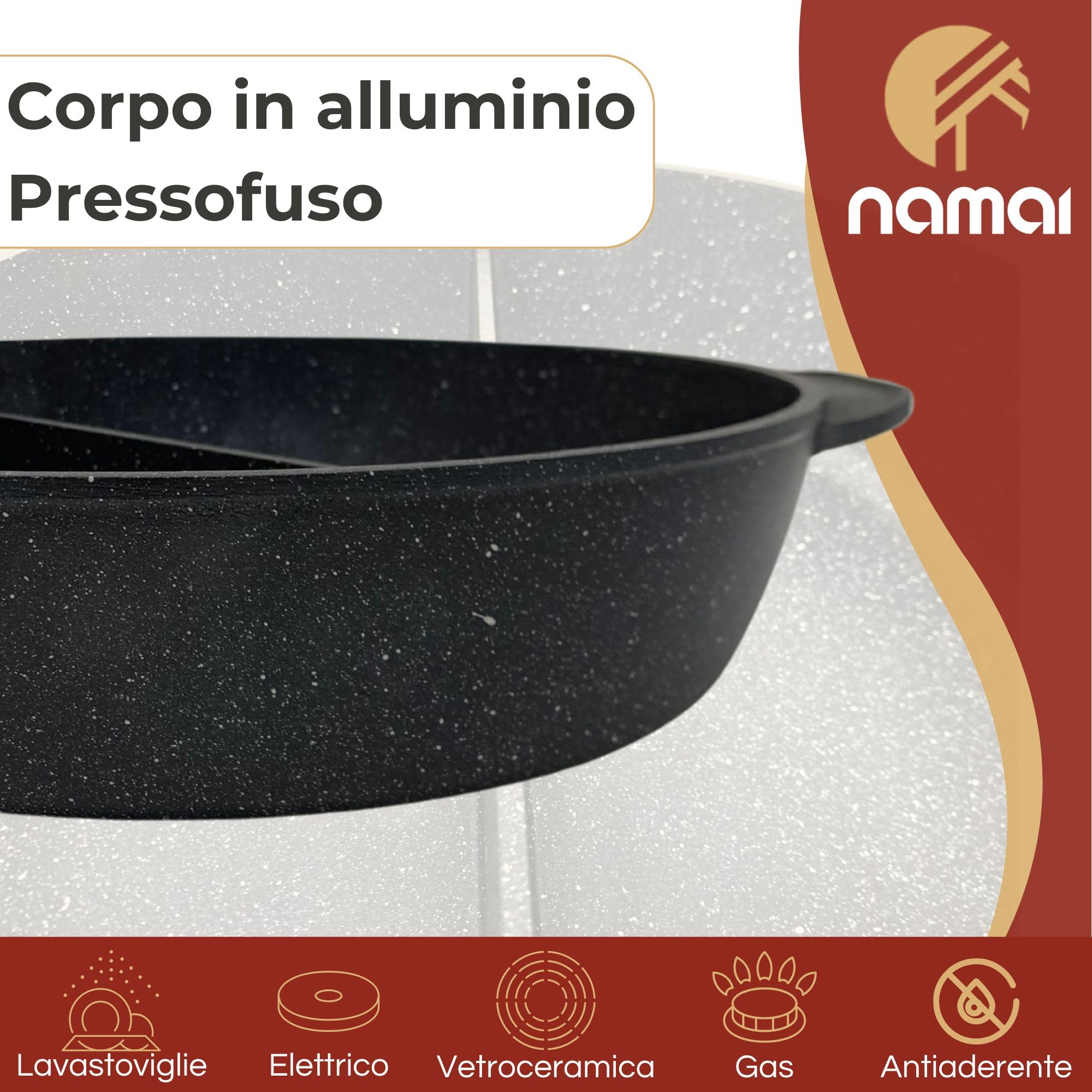 NAMAI - Pentola Divisa In Due Scomparti, 32 CM x 8 CM, Alluminio Pressofuso, Antiaderente, Lavabile In Lavastoviglie, No Induzione, Pentola Doppia Cottura, Made In Italy
