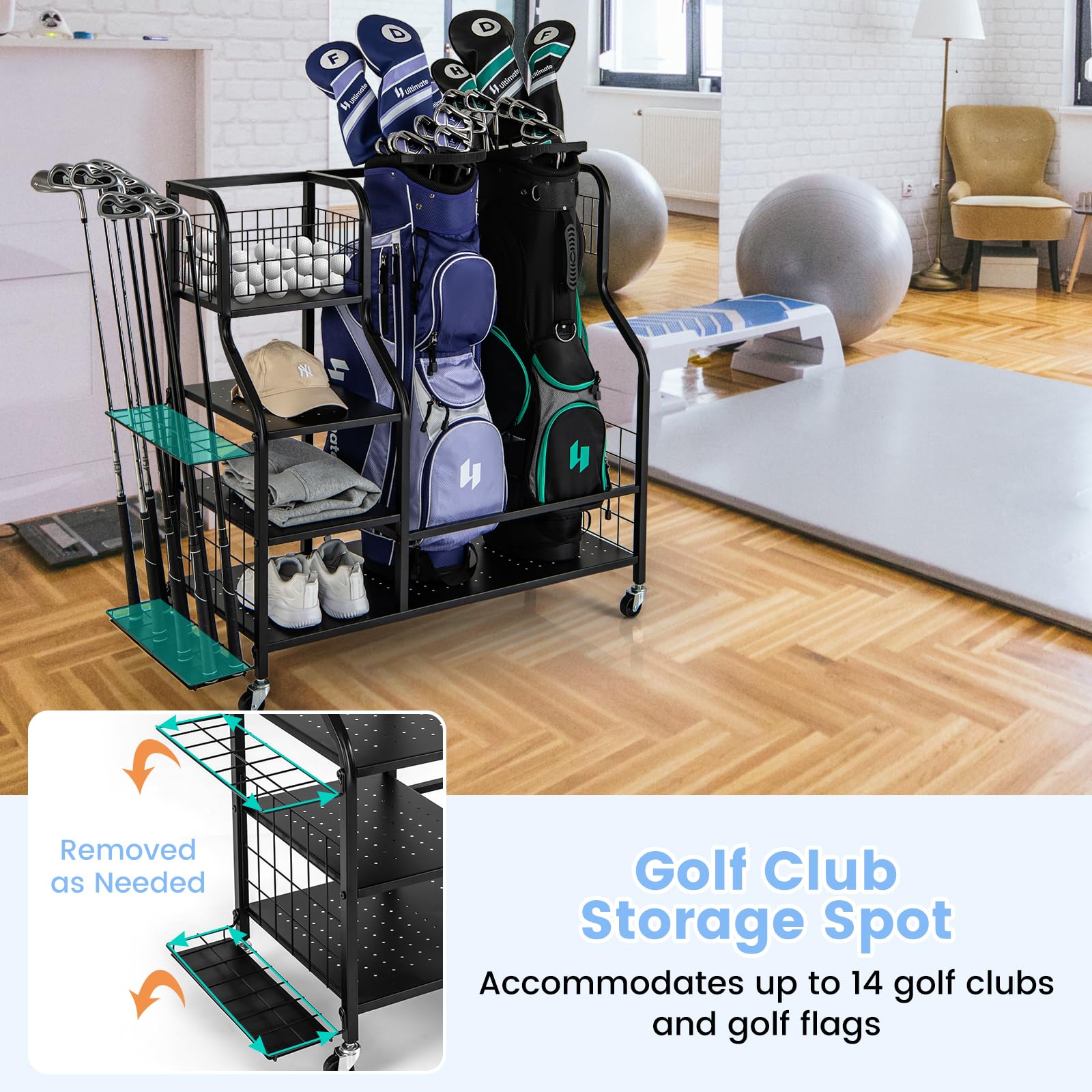 LIFEZEAL Przechowywanie do golfa, torba golfowa z kółkami, przechowywanie piłek sportowych z koszem i haczykiem, stojak do przechowywania kijów golfowych do garażu, siłowni i szkół