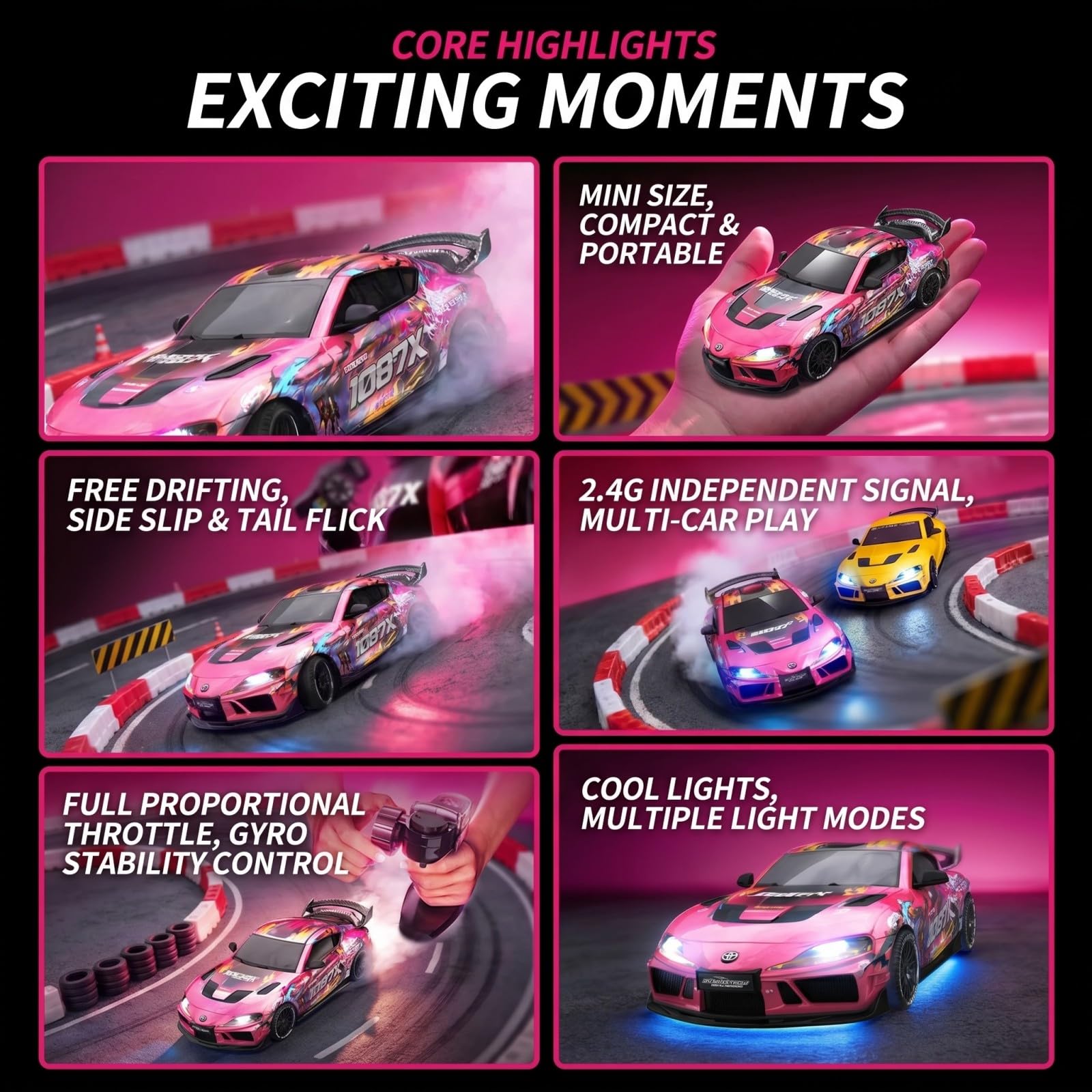 Coche teledirigido 1:43 RC con giroscopio, 2,4 GHz Full Proportional telecontrol, Mini Racing Drift Car con luz LED, vehículo de deriva de alta velocidad, color rosa