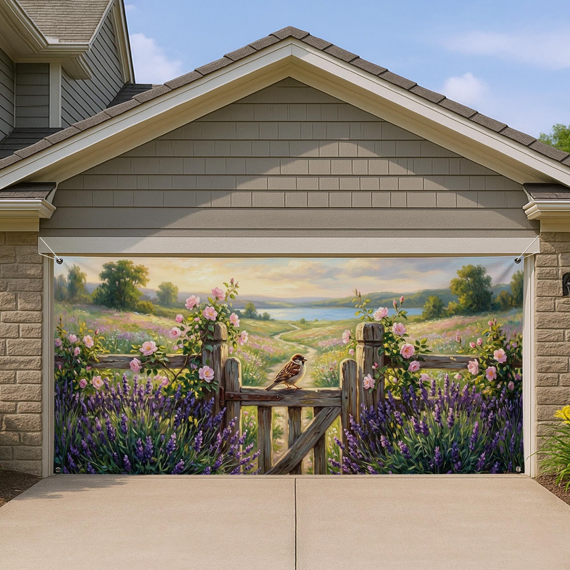 Housse de porte de garage rustique bâche fleurs violettes 397x180