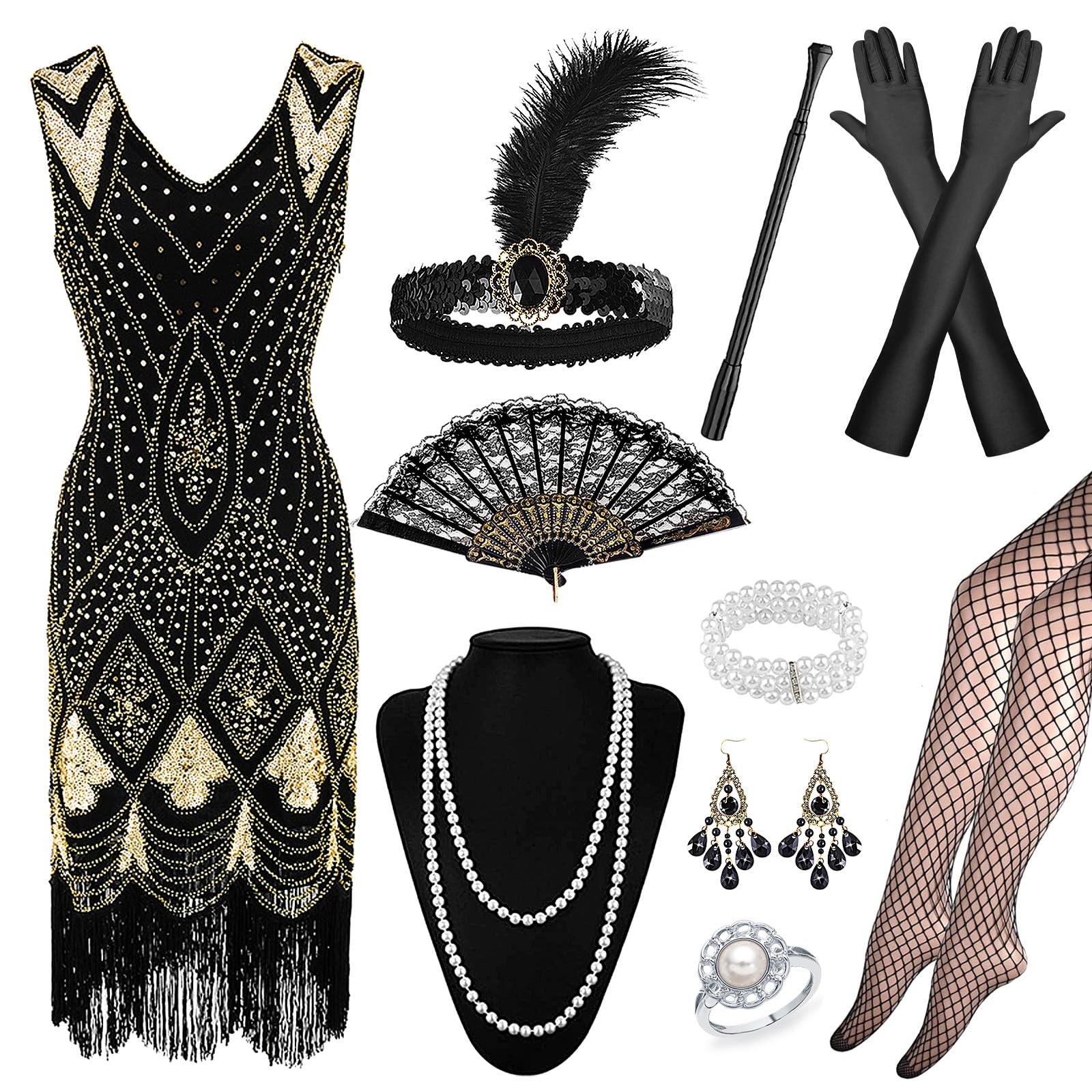 Dazzroi 1920s Flapper Accessories Set, Great Gatsby Costume Set Roaring 20's Theme Outfit with Sequin Fringed Beaded Dress Headband Gloves 20s Vintage Accessories for Women Ladies