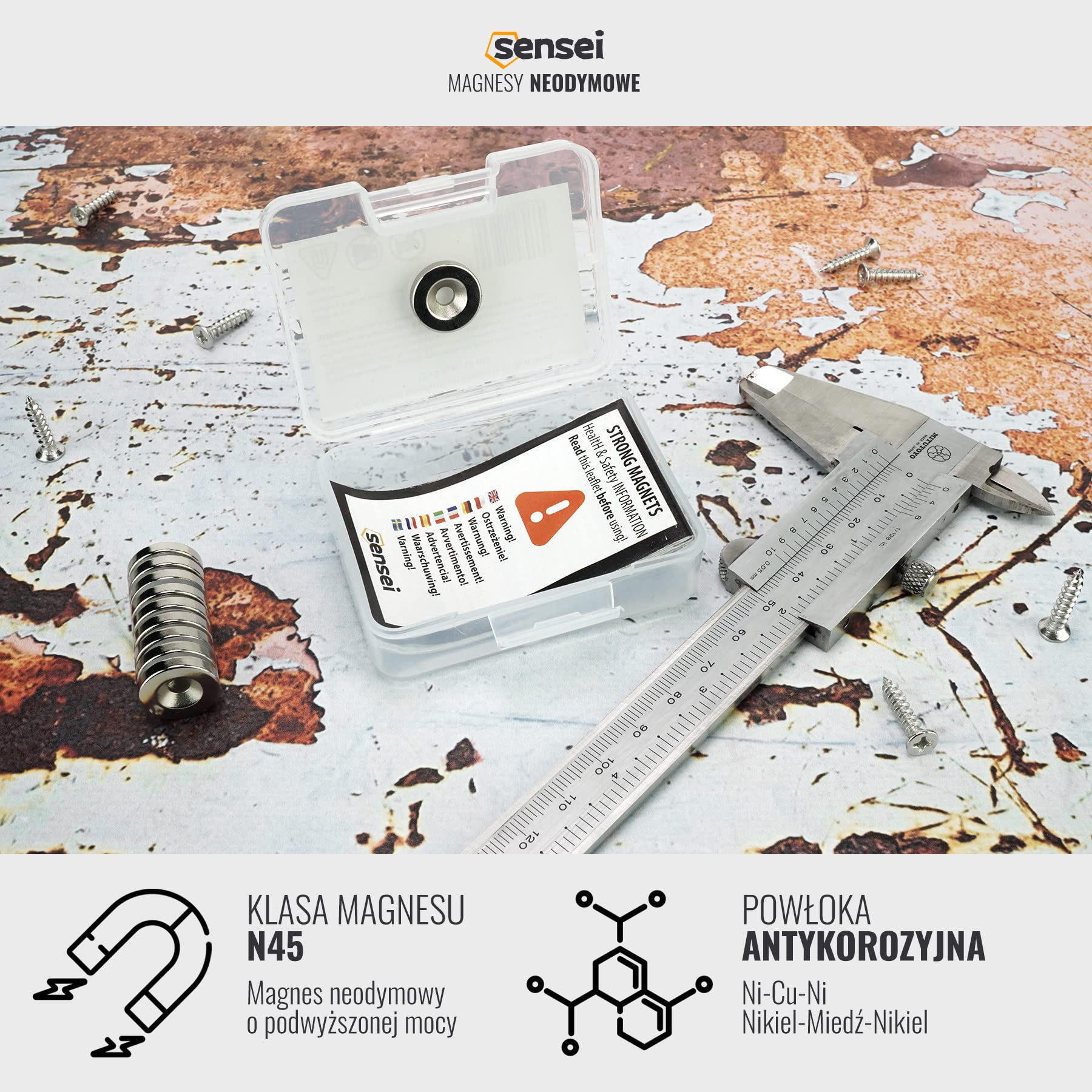 Sensei 10 sztuk Magnes neodymowy pierścieniowy 15x3 mm z otworem na wkręt, 2,4 kg udźwigu + 10 wkrętów w zestawie