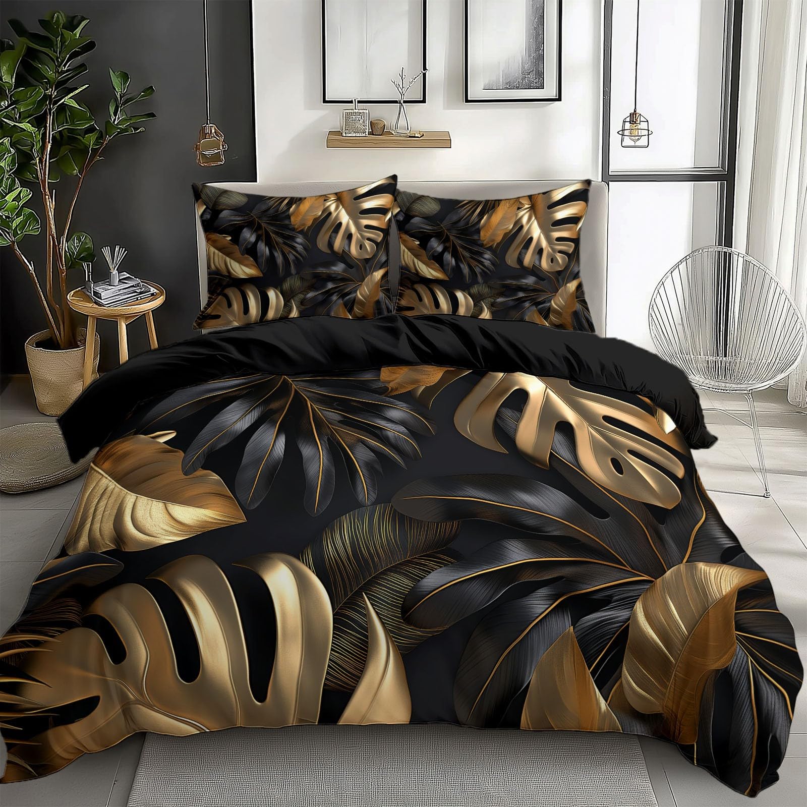 Housse de couette 200 x 200 cm palmier parure de lit adulte noir et or