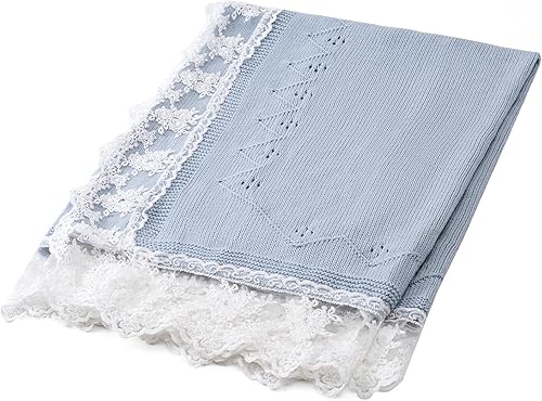 Miniatura 5 de Booulfi Mantas de bebé de punto neutro azul algodón azul manta de bebé cochecito de encaje borde ganchillo invierno cuna bebé manta nueva bebé