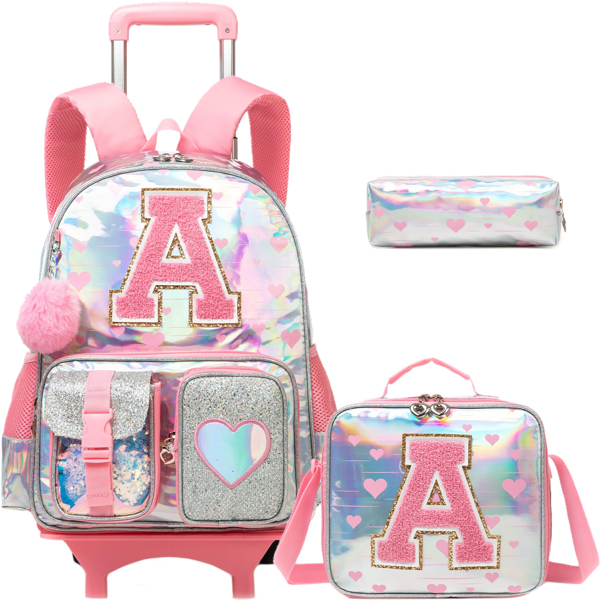 HTgroce Cute Rolling Backpack with Wheel,School Backpack for Kids Girl Roller Schoolbag Wheeled Backpacks Set Carry-on Luggage,Pink A