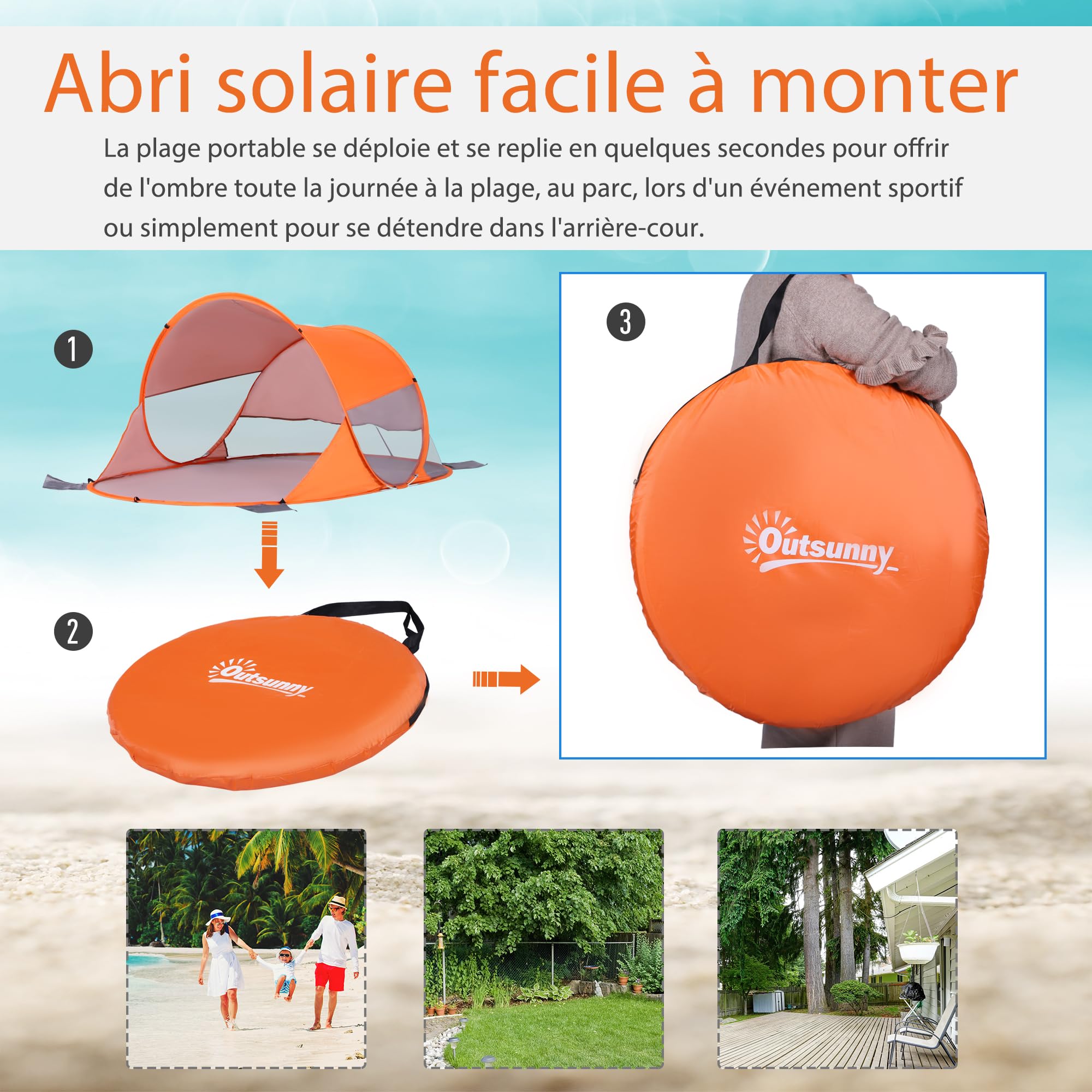 Outsunny Abri de Plage Tente de Plage Pliable Pop-up Automatique instantané Protection UV fenêtre arrière Grand Tapis de Sol Orange