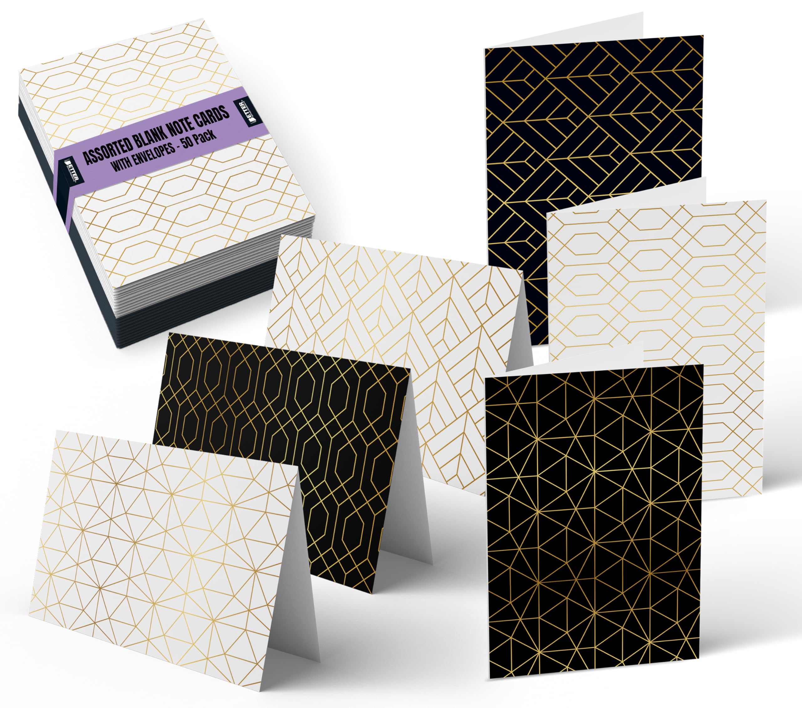 Better Office Products 50 Pack All Occasion Greeting Cards Box Set, 4 x 6 inch, 50 Assorted Blank Note Cards & 50 Envelopes, 6 Elegant Gold Foil Geometric Designs, Blank Inside