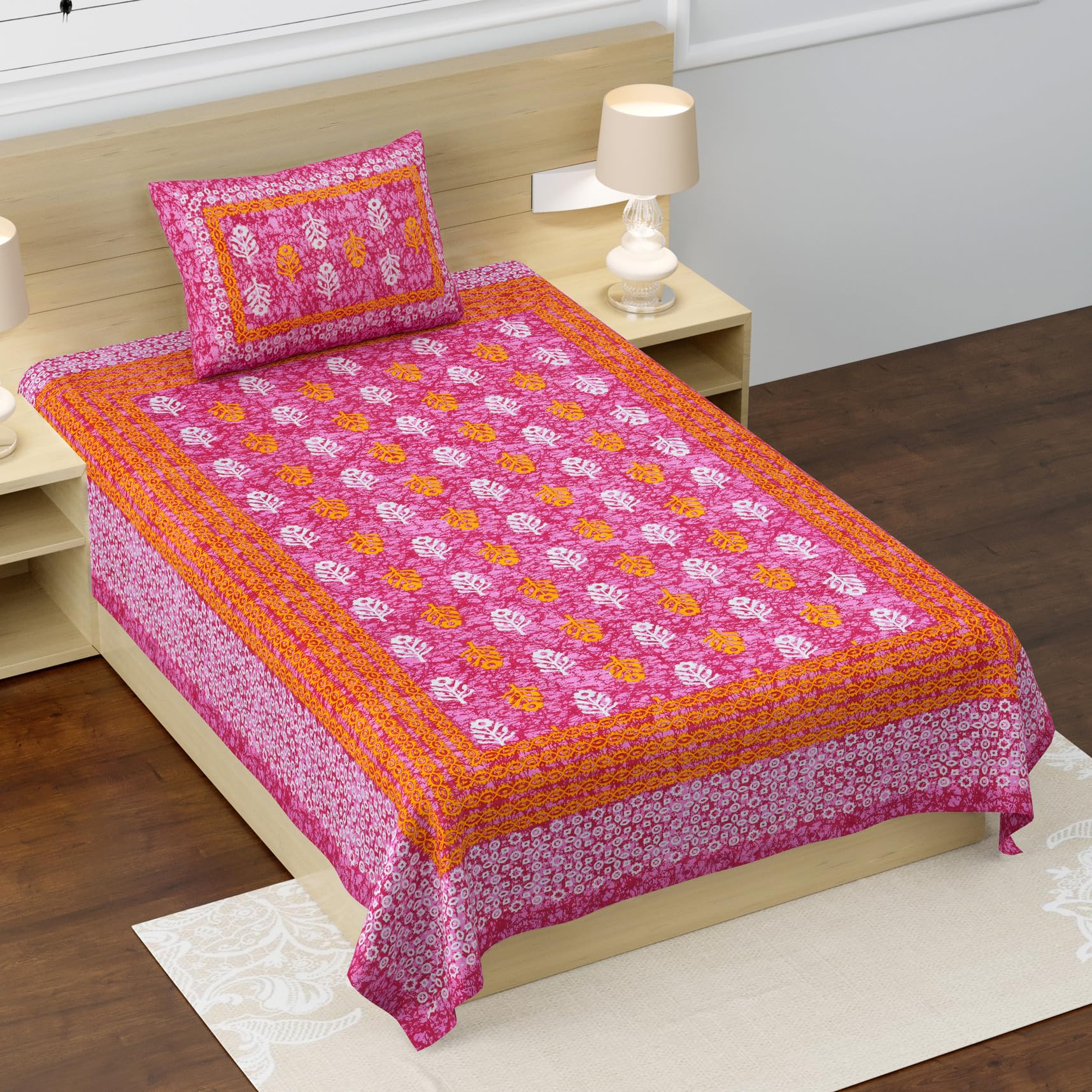 RajasthaniKart® Pure 100% Cotton Single Bed Sheet with 1 Pillow Cover (Bedsheet for Single Bed Cotton, Pink Small Booty)
