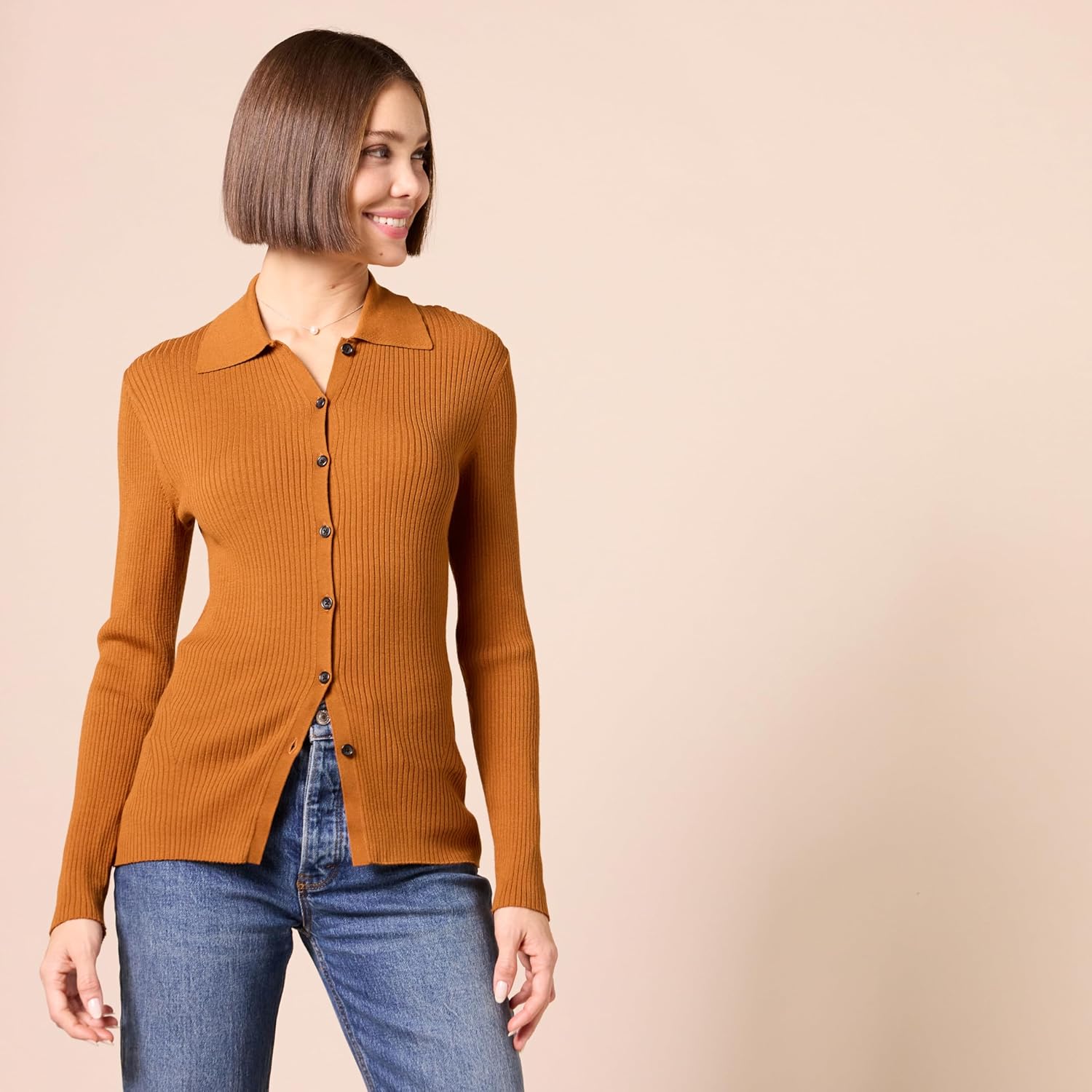 Amazon Essentials Women's Fine Gauge Stretch Polo Ribbed Cardigan (Previously Daily Ritual) - Image 2