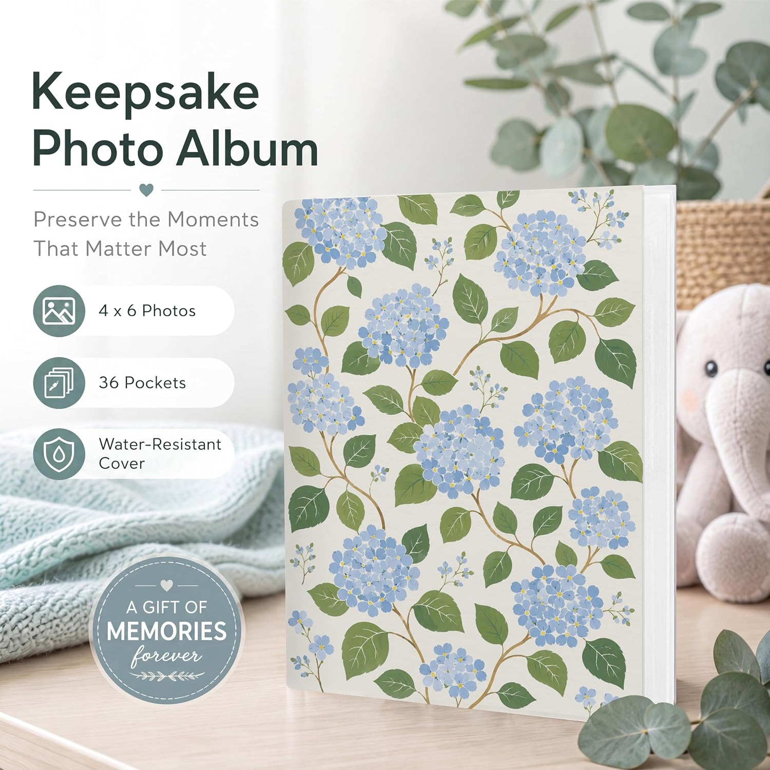 Blue Hydrangea Botanical Photo Album 4x6, Gifts for Women
