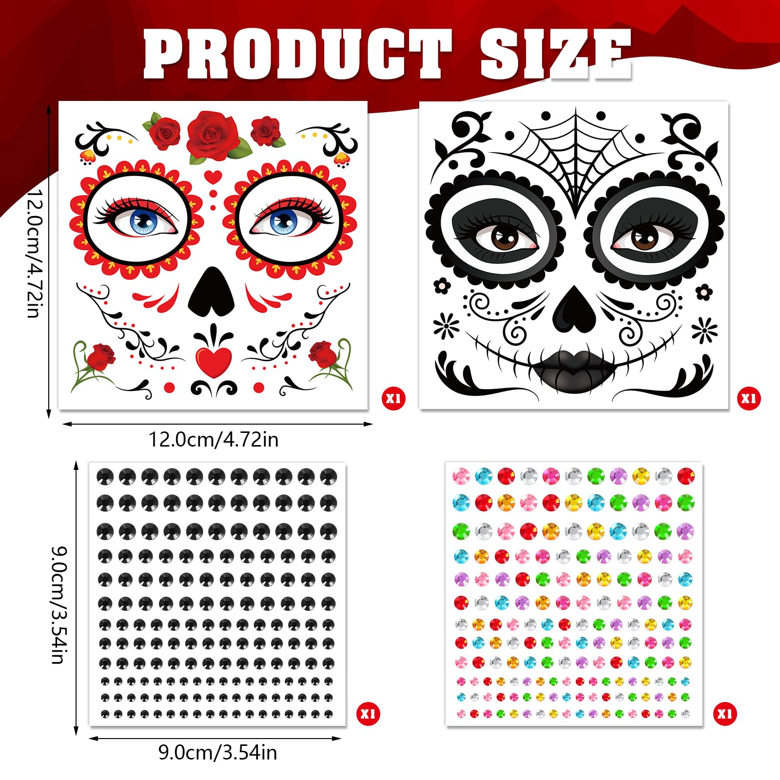 DPKOW Sugar Skull Face Tattoos Halloween Makeup Accessories Day of the Dead Adults Women Men - Image 2