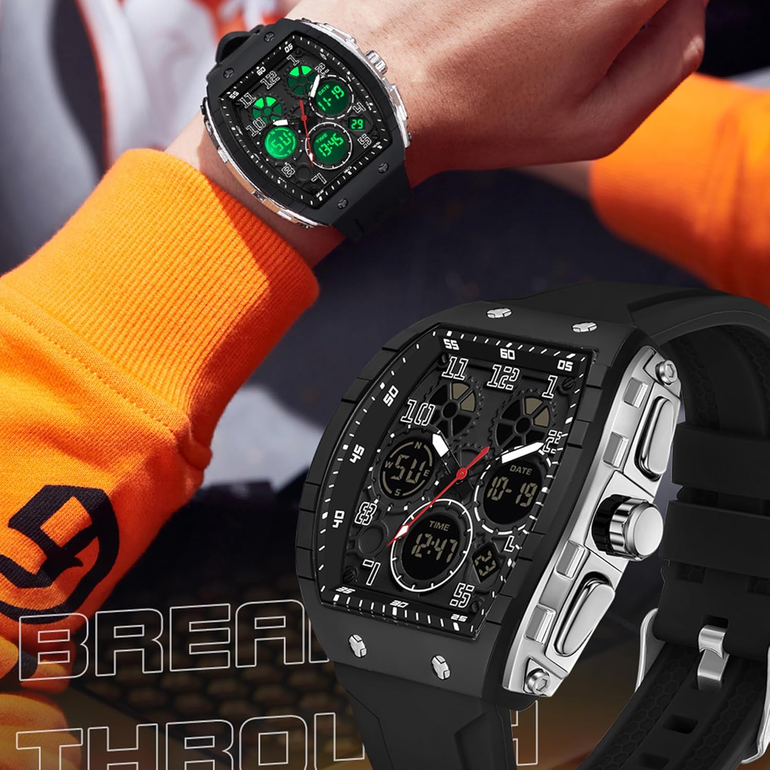 Mens Watches Unique Watches for Men Digital Waterproof Watch Sports Alarm Stopwatch Tonneau Design Punk Analog Wrist Watch Calendar Dual Time Display Silicone Band - Image 6