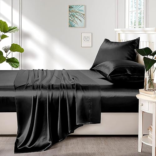 Miniatura 2 de PURE ECO Juego de sábanas de satén de seda de 4 piezas, tamaño matrimonial XL (54 x 80) + bolsillo profundo de 16 pulgadas, color negro, sábanas de