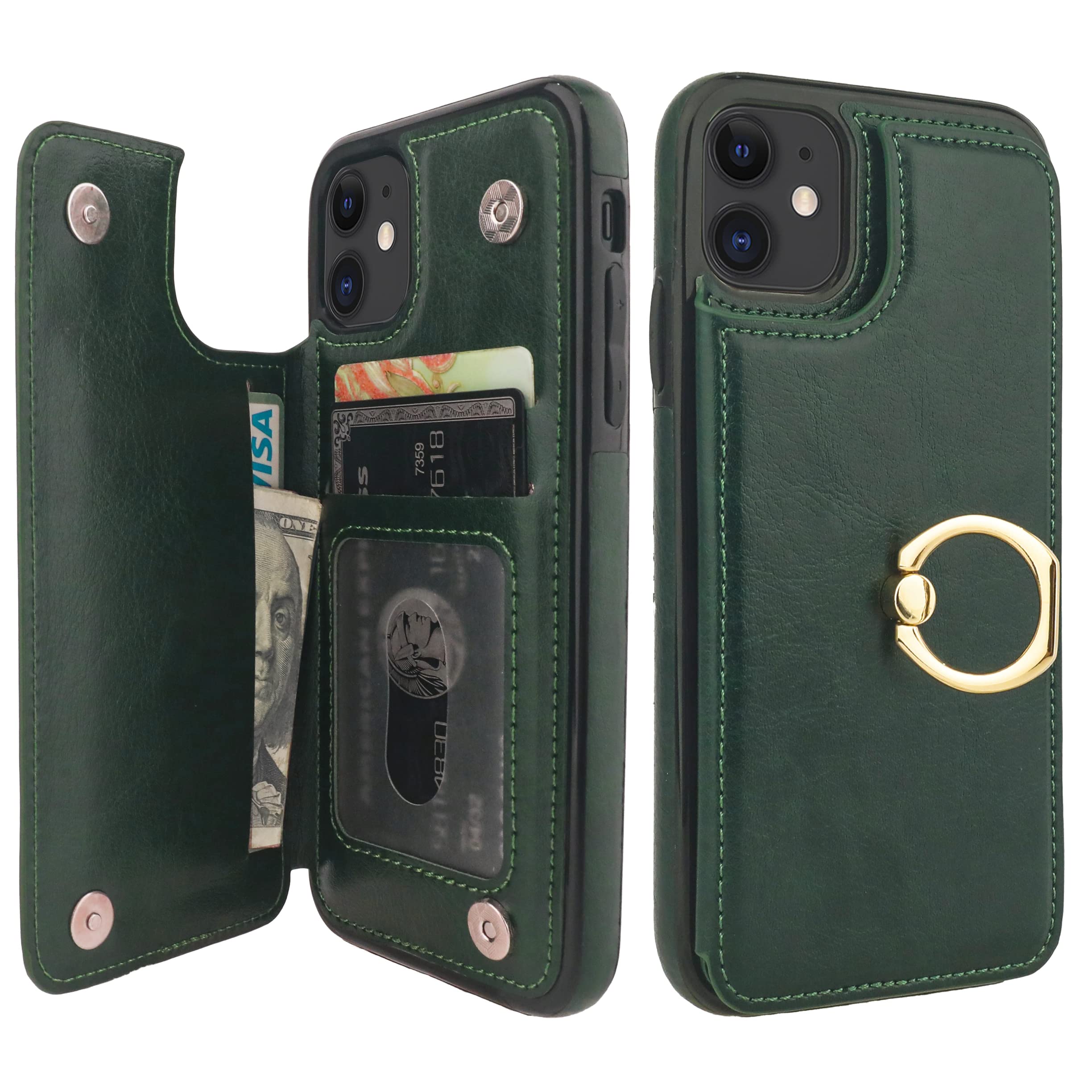 ONETOP for iPhone 11 Wallet Case with Card Holder, 360° Rotation Ring Kickstand RFID Blocking PU Leather Double Magnetic Clasp Shockproof Cover for