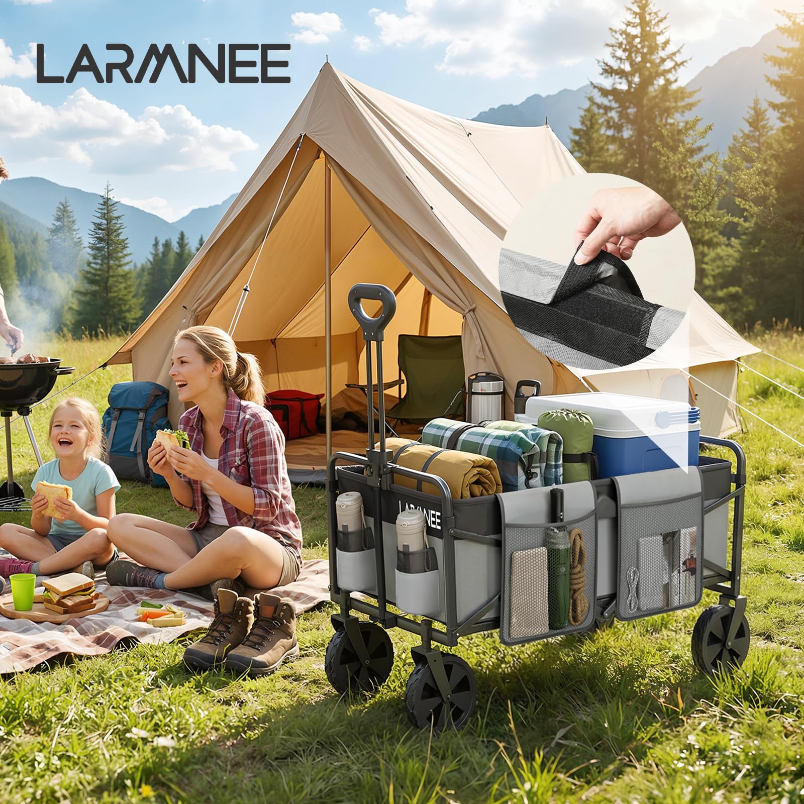LARMNEE Faltbarer Handwagen, Gartenwagen, tragbarer Campingwagen mit verstellbarem Griff und 4 verstärkten Rädern, Bollerwagen, bis 120 kg belastbar, für Camping, Garten, Schwarz und Grau EBG01BW02