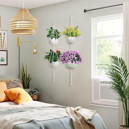 Miniatura 7 de SNAIL GARDEN Colgador de macramé de 2 niveles, paquete de 2 perchas dobles para plantas con borla para interiores y exteriores, cesta colgante de