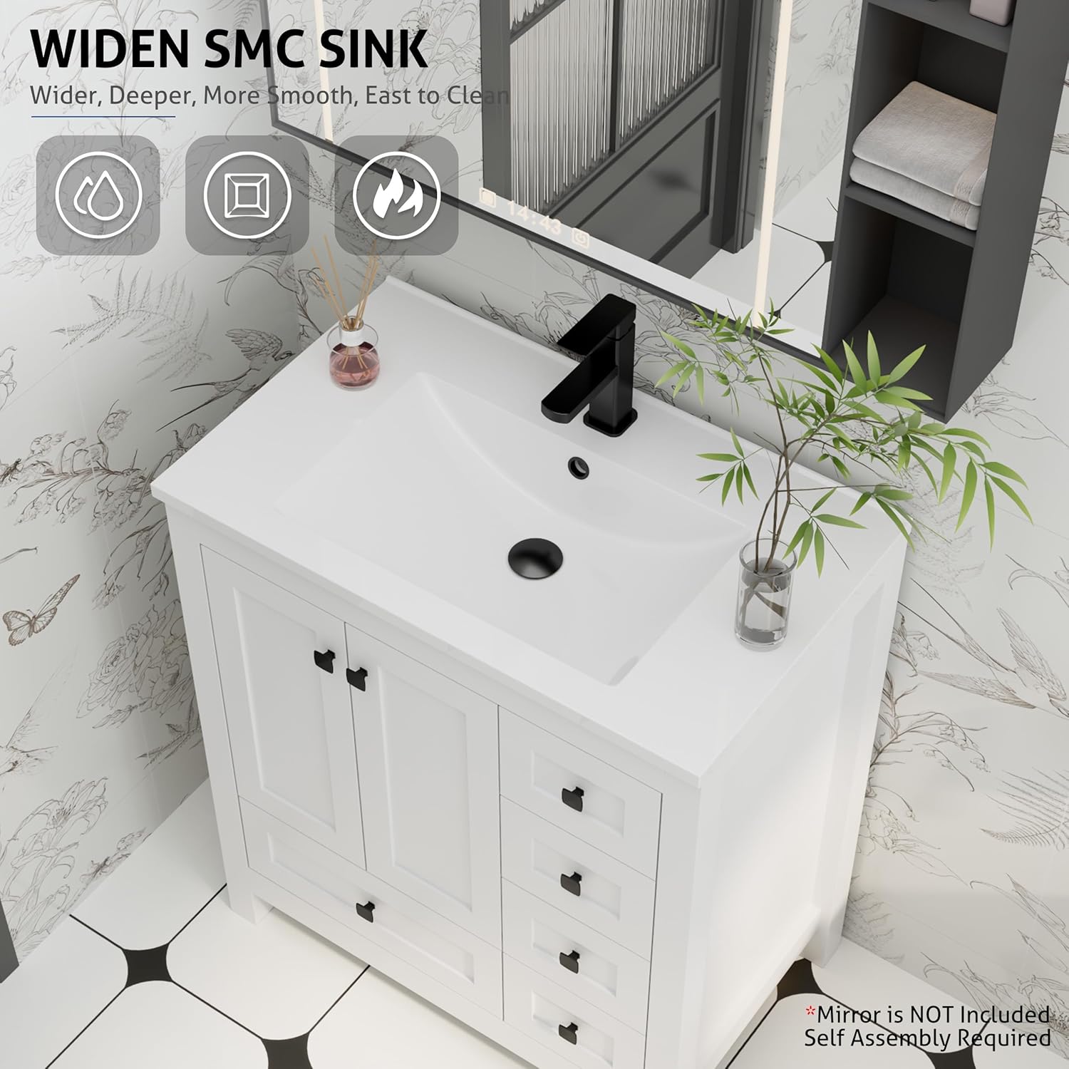 eclife 30" Bathroom Vanities with Sink Combo, Modern Thickened Wood Bathroom Storage Cabinet w/Undermount Sink, Matte Black Faucet Drain, Painted Surface, White