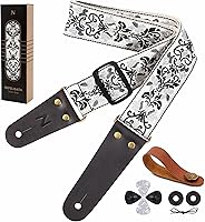 Vista 21 de Nefelibata Correa de guitarra, correas de guitarra de algodón bordadas con extremos de cuero de vaca para bajo, guitarras eléctricas y acústicas