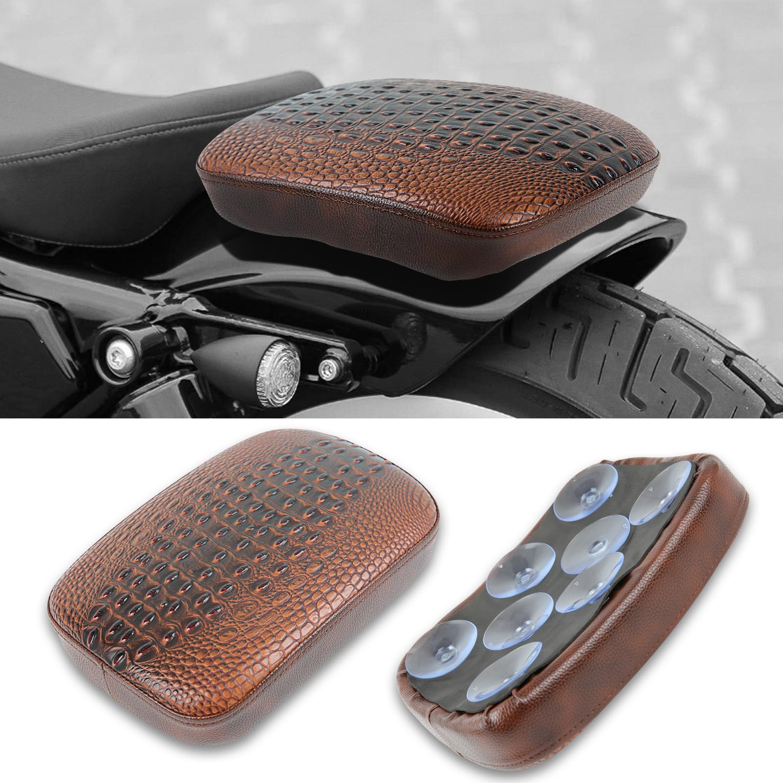 DREAMIZER Motorcycle Rectangular Pillion Passenger Pad Seat Universal Crocodile Style Brown Solo Seat Leather Pillon 8 Cushion Compatible with Harley Cruiser Chopper Custom