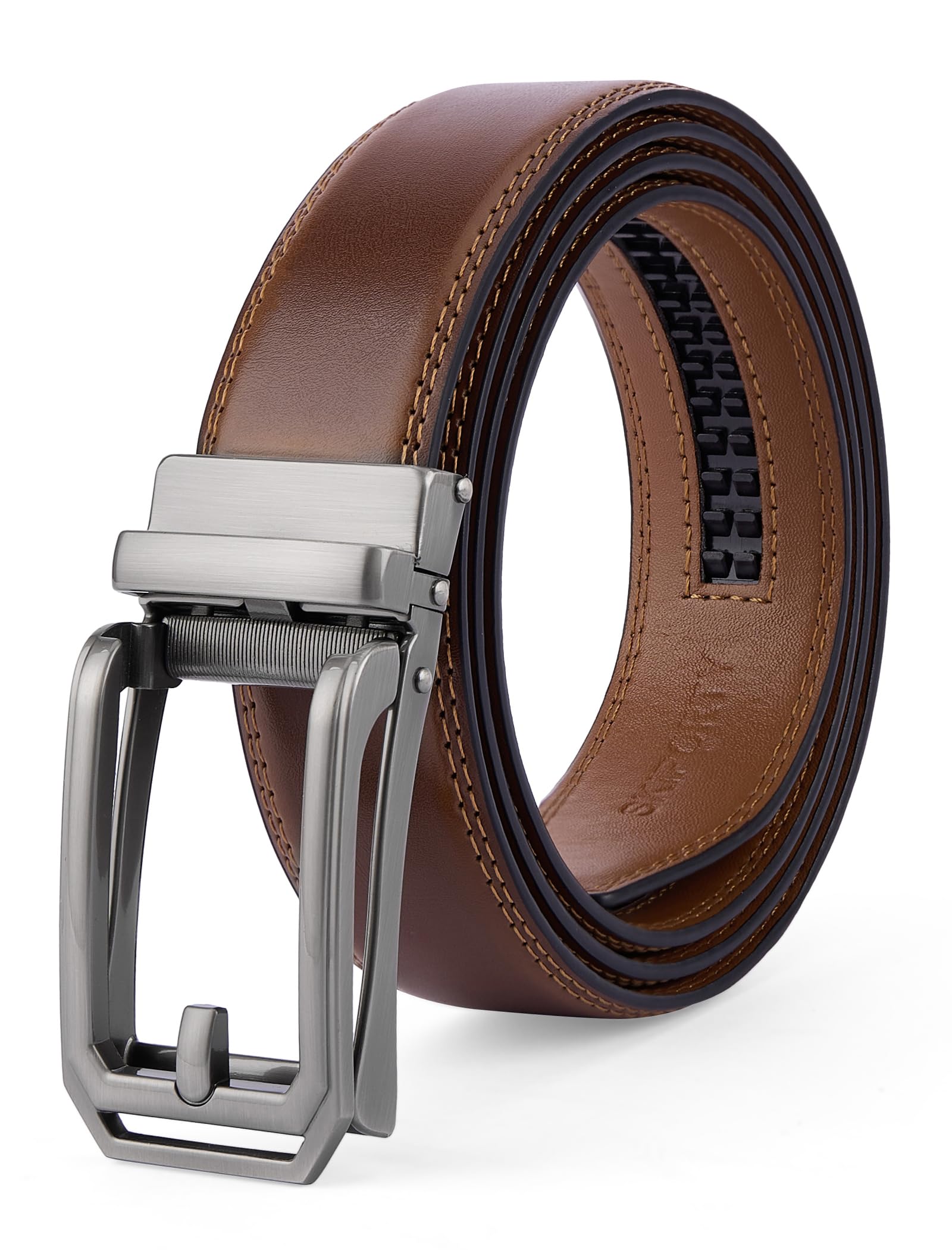 SKiporty Brown Belt Men Ratchet Belts Dress Casual Leather Belt for Men With Slide Adjustable Click Buckle Gifts Box