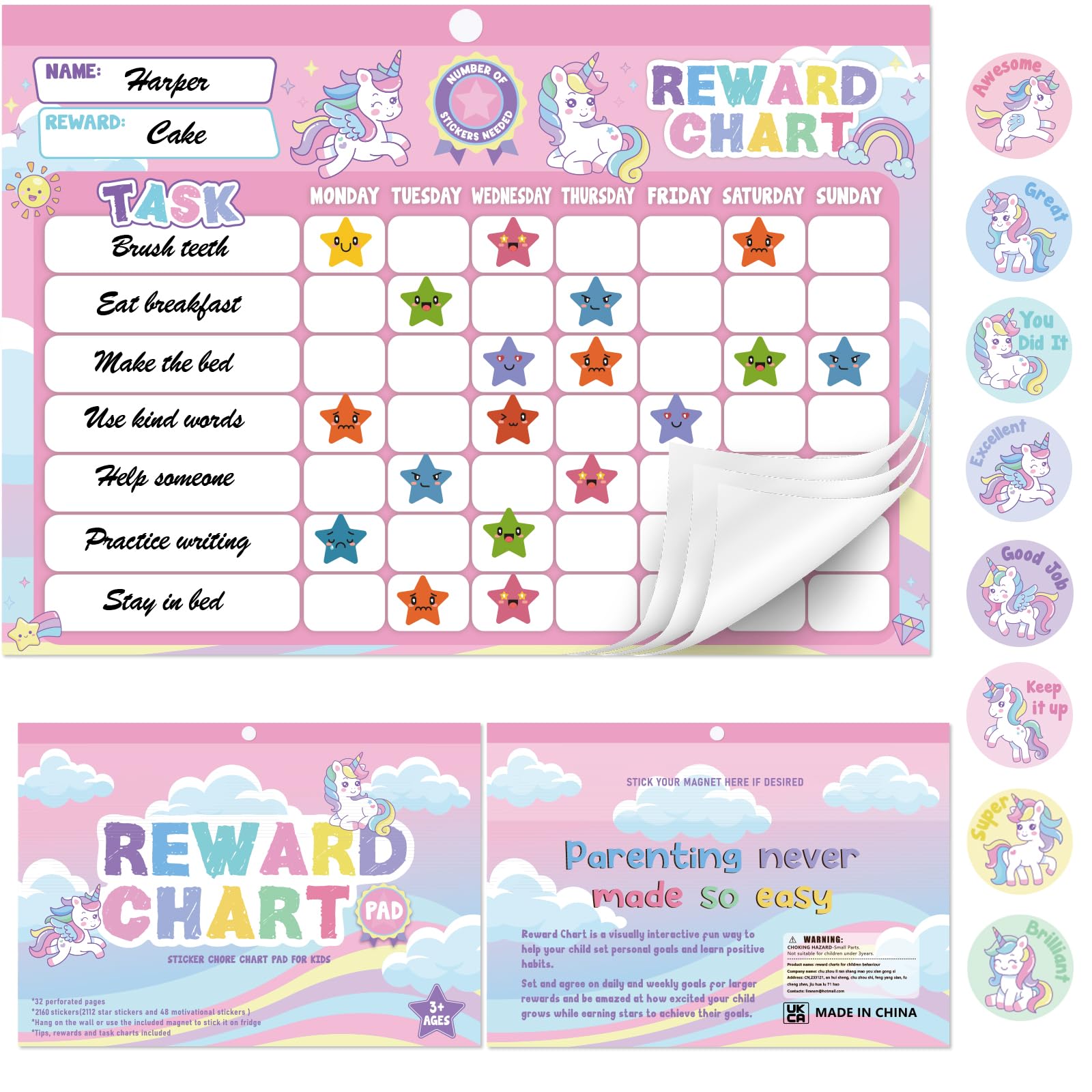 Magnetic Reward Chart for Kids, Behavior Chart Pad with 32 Perforated Chore Charts, 2112 Star Stickers, 48 Unicorn Stickers for Home, Study, Motivate Responsibility & Good Habits