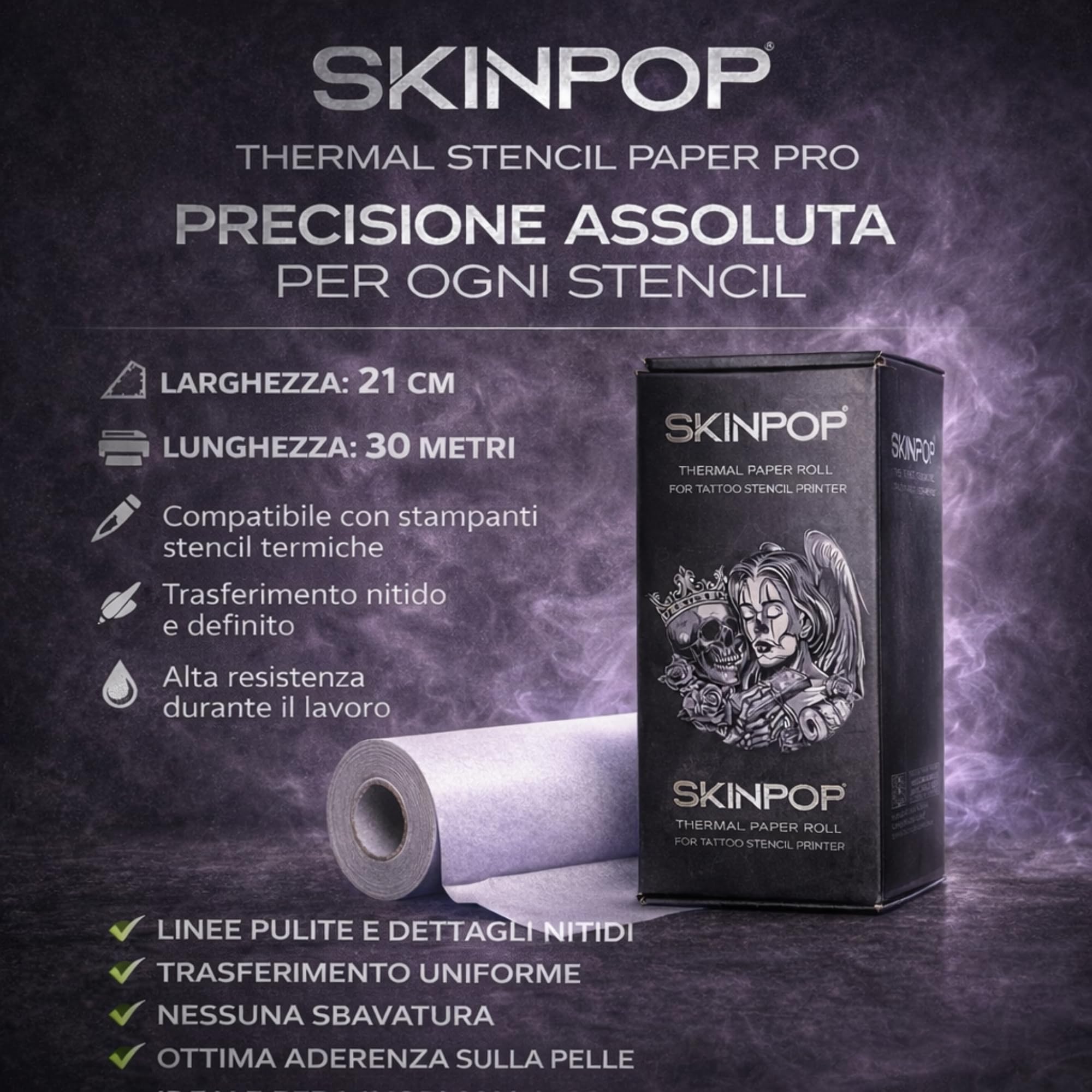 Rotolo Carta Stencil Paper PRO (21 cm x 30 mt) - Stencil tattoo Compatibile per Stampanti Termiche Trasferimento Preciso - Linee Nitide Alta Aderenza - Ideale Realismo e Dettagli Complessi